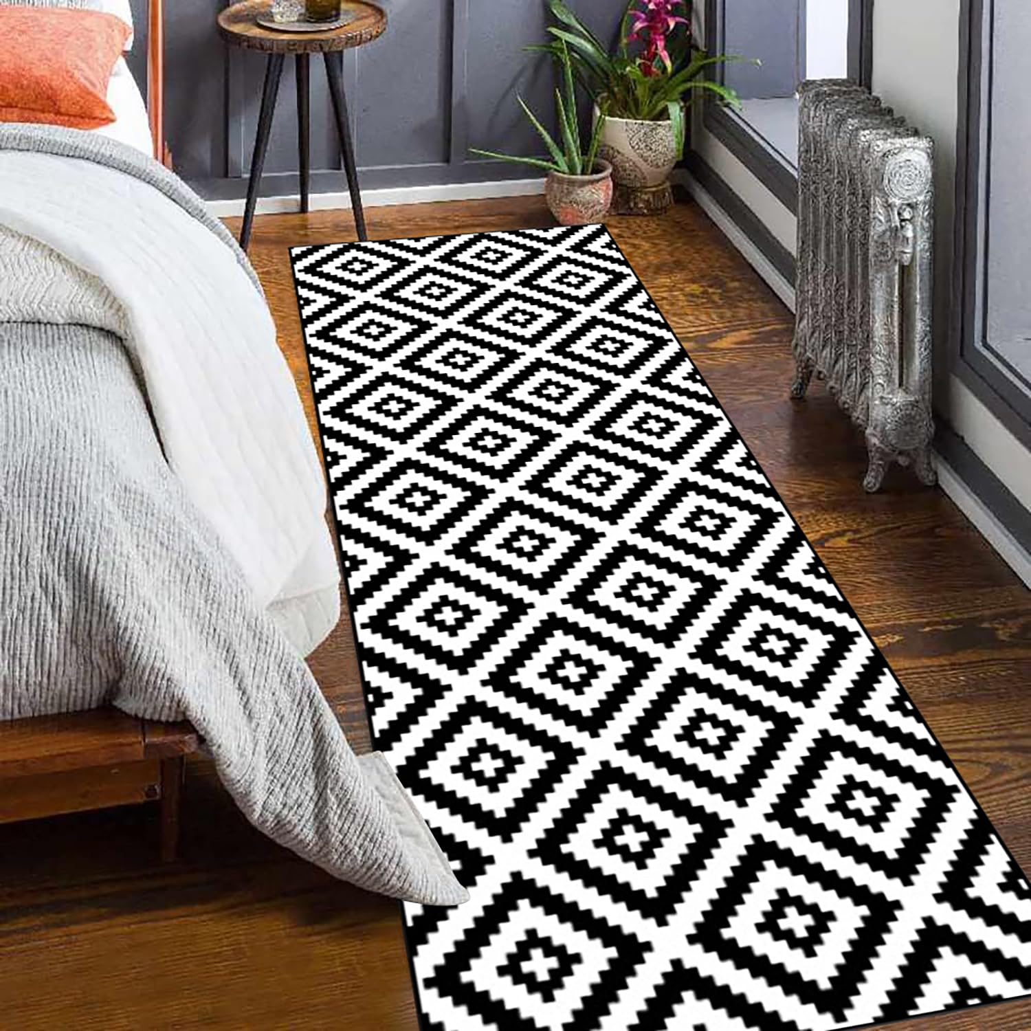Kitchen Black And White Plaid Runner Rug Handmade Wool Checkered