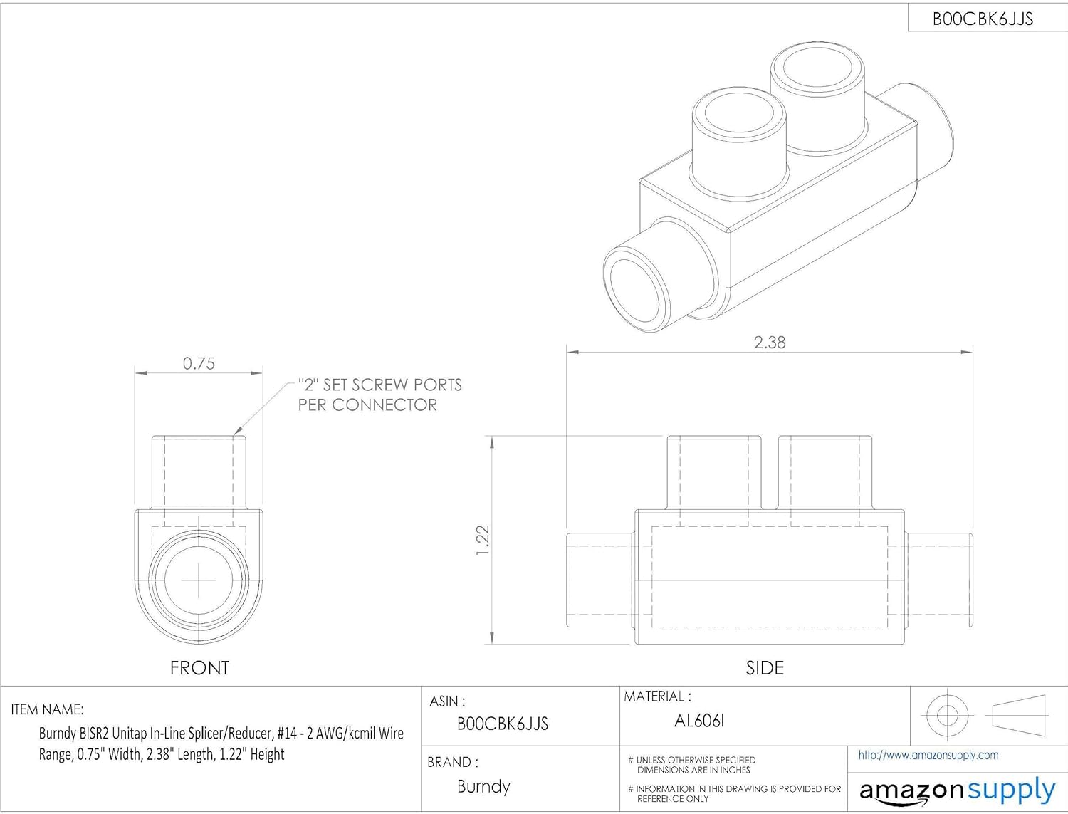 Burndy BISR2 Unitap in-Line Splicer/Reducer, #14-2 AWG/kcmil Wire Range, 0.75" Width, 2.38" Length, 1.22" Height