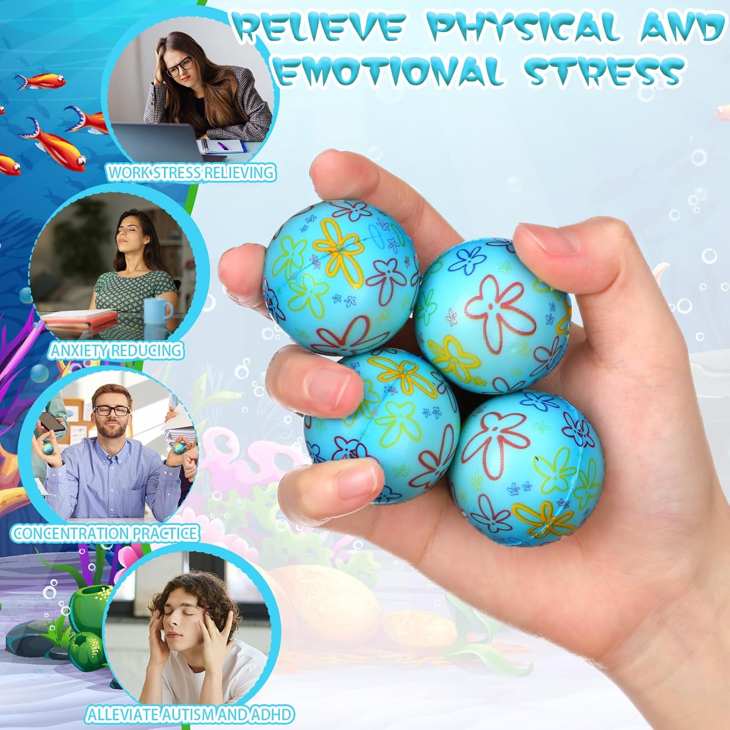 36 Pcs Cartoon Themed Stress Balls Bulk Squeezable Sensory Fidget Relief Balls 1.6" Party Favors Supplies Goodie Bag Stuffers Hand Therapy for Adult Teens (Sponge Themed)