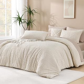 Andency Boho King Size Comforter Set Beige - 3 Piece All Season Fluffy Tufted Down Alternative Bedding