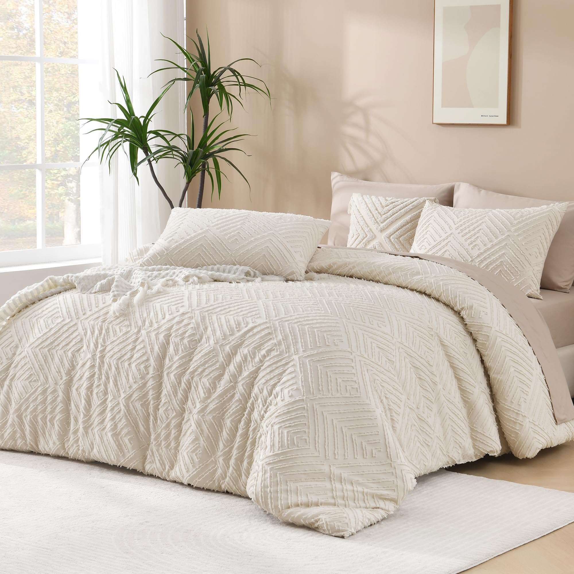 Andency King Size Comforter Set Beige, 3 Pieces Boho King Bedding Comforter Set Cream, All Season Soft Lightweight Tufted Textured Down Alternative Comforter Fluffy Bed Set