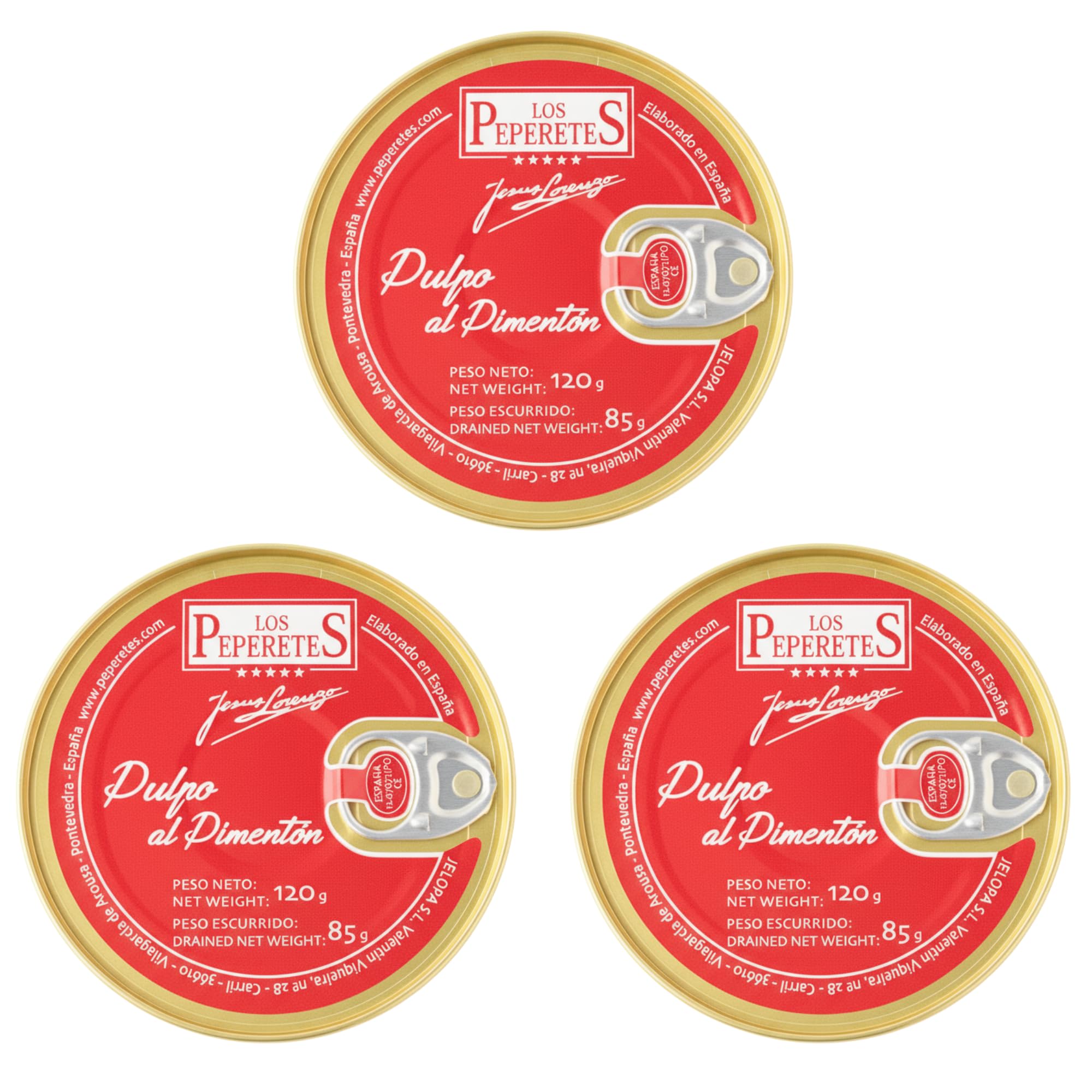 LOS PEPERETES x3 Lata Pulpo al Pimentón 120 g | Marisco Gallego Gourmet | Conserva Artesanal con Aceite de Oliva y Pimentón | Pulpo a la Gallega del Atlántico | Sabor Tradicional de Galicia