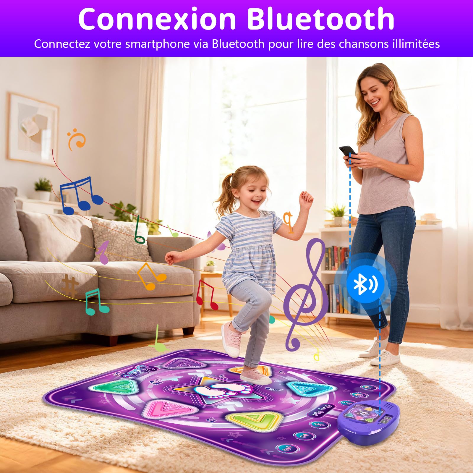 ZWOOS Tapis de Danse Fille Bluetooth avec Lumières et 5 Modes de Jeu, Tapis Danse Enfant 3 4 5 6 7 8 9 10 11 12 Ans, Antidérapant, Cadeau Anniversaire Noël