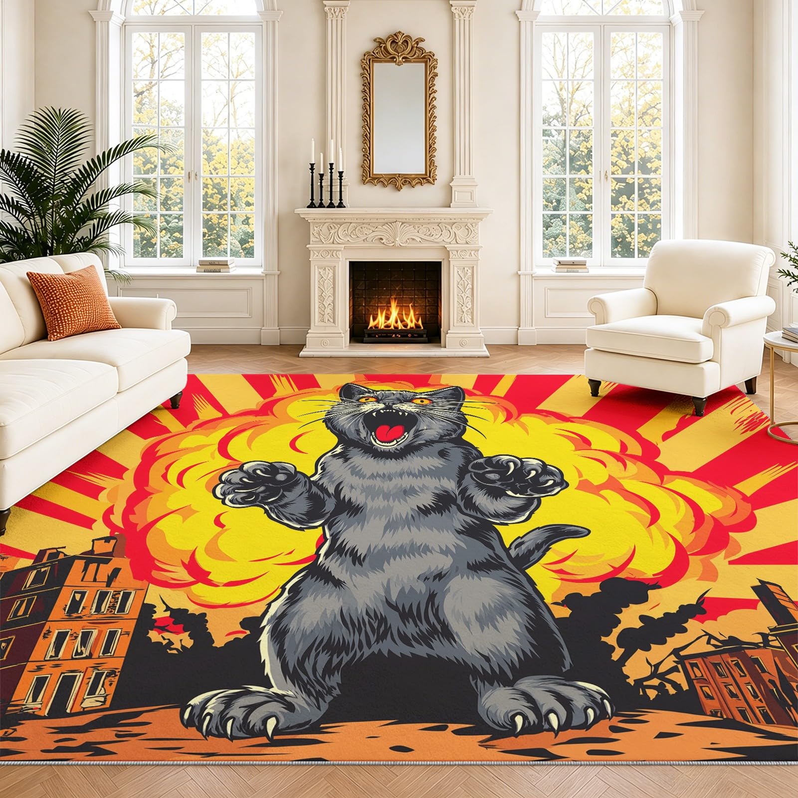 Generisch Nadający się do prania dywan z motywem komiksów, zwierzęta, 120 x 180 cm, ogromny kot, eksplozja, do salonu, miękki, antypoślizgowy, z krótkim włosiem, do sypialni, jadalni