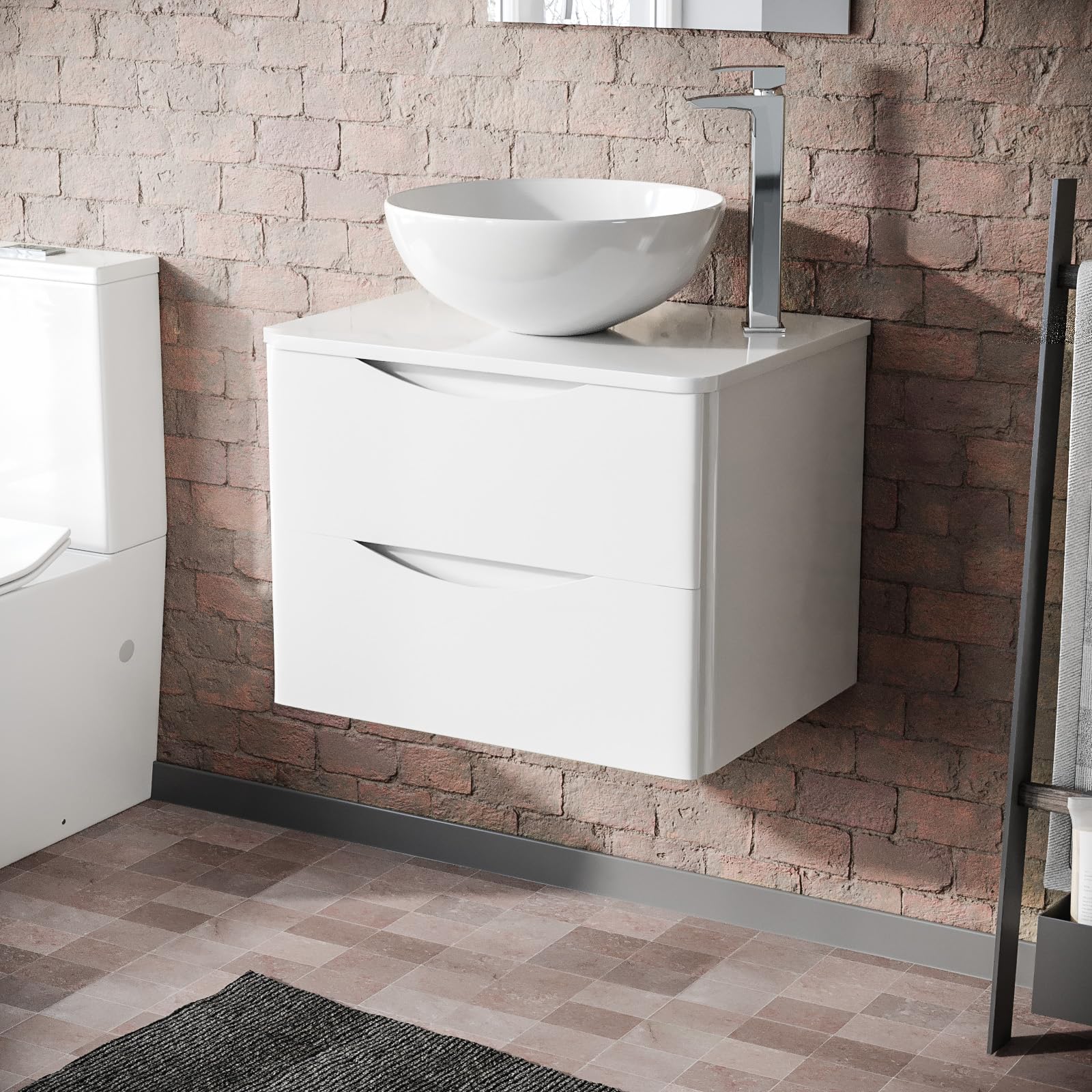 Nes Home White 600mm Bathroom Wall Hung Vanity Round Ceramic Countertop Basin