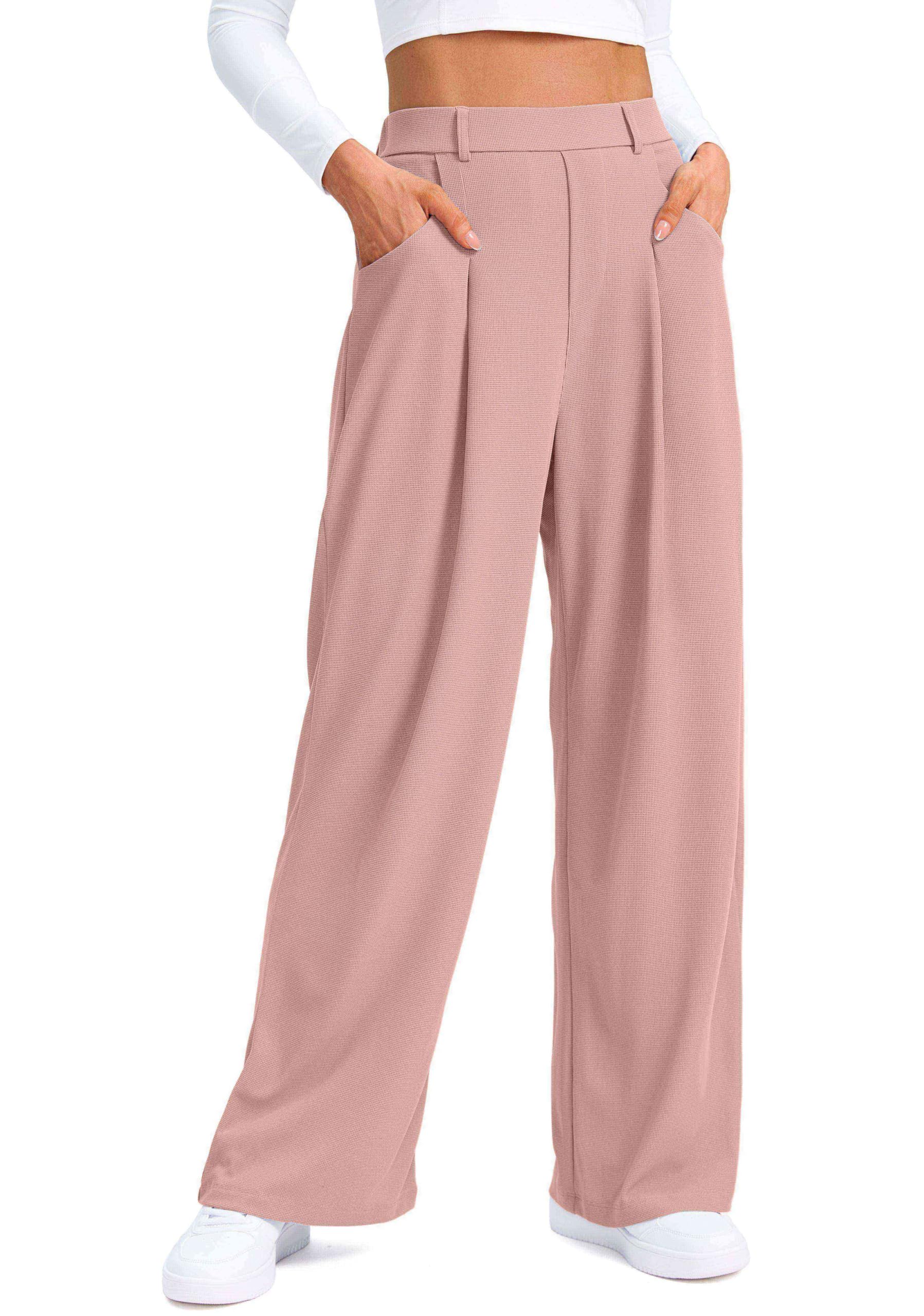 SANTINY Wide Leg Pants Woman Elastic High Waisted Waffle Knit Slacks Business Casual Work Pants Pleated Trousers with Pockets