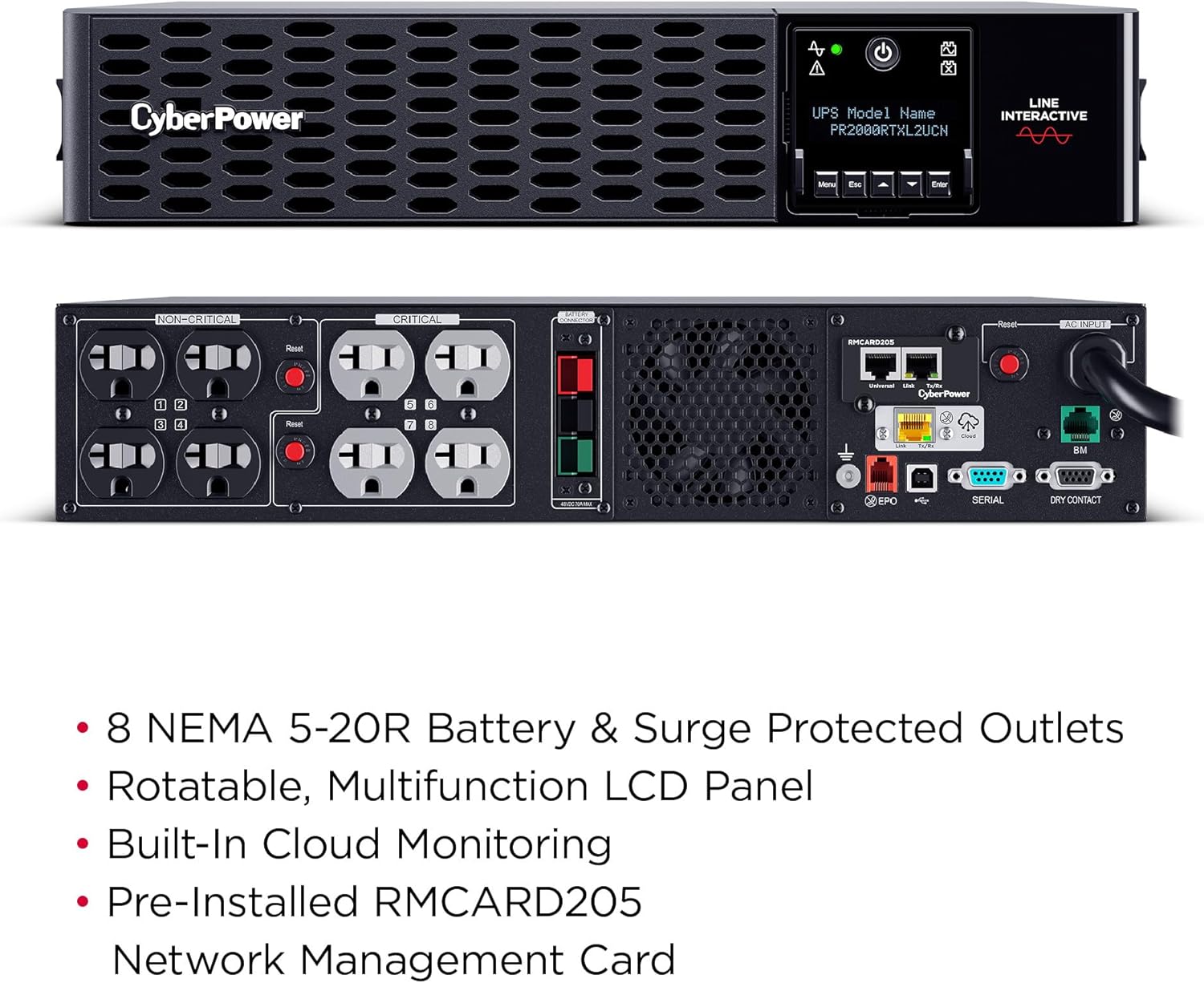 CyberPower PR2000RTXL2UTAA Smart App Sinewave UPS System, 2000VA/2000W, 8 Outlets, AVR, 2U Rackmount, EBM Option, TAA Certified