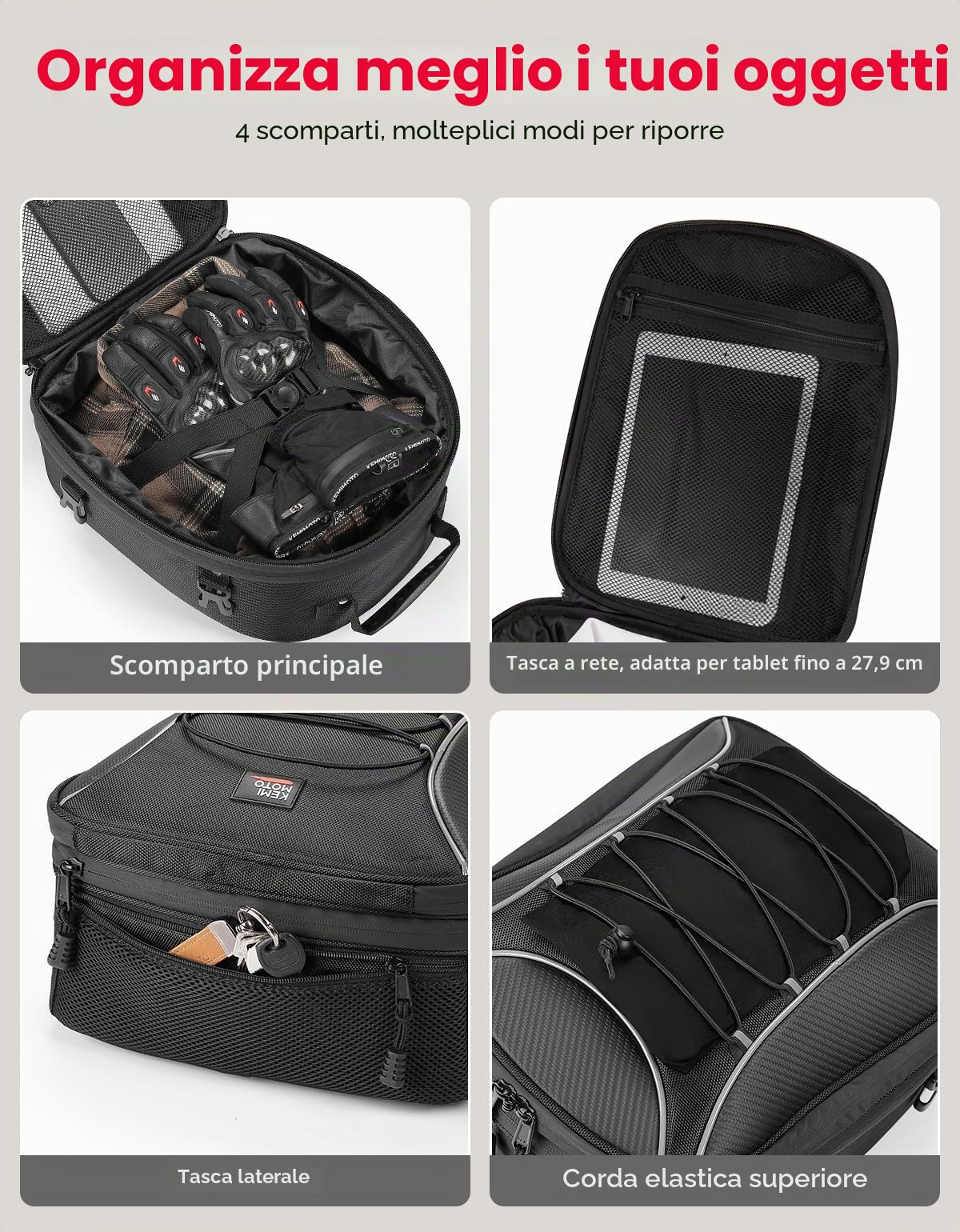 KEMIMOTO Borsa Sella Moto, 22-34L Borsa Posteriore Moto Estensibile con Copertura Antipioggia, Borse Porta-Casco Impermeabile con 6 Cinghie Per Motociclo