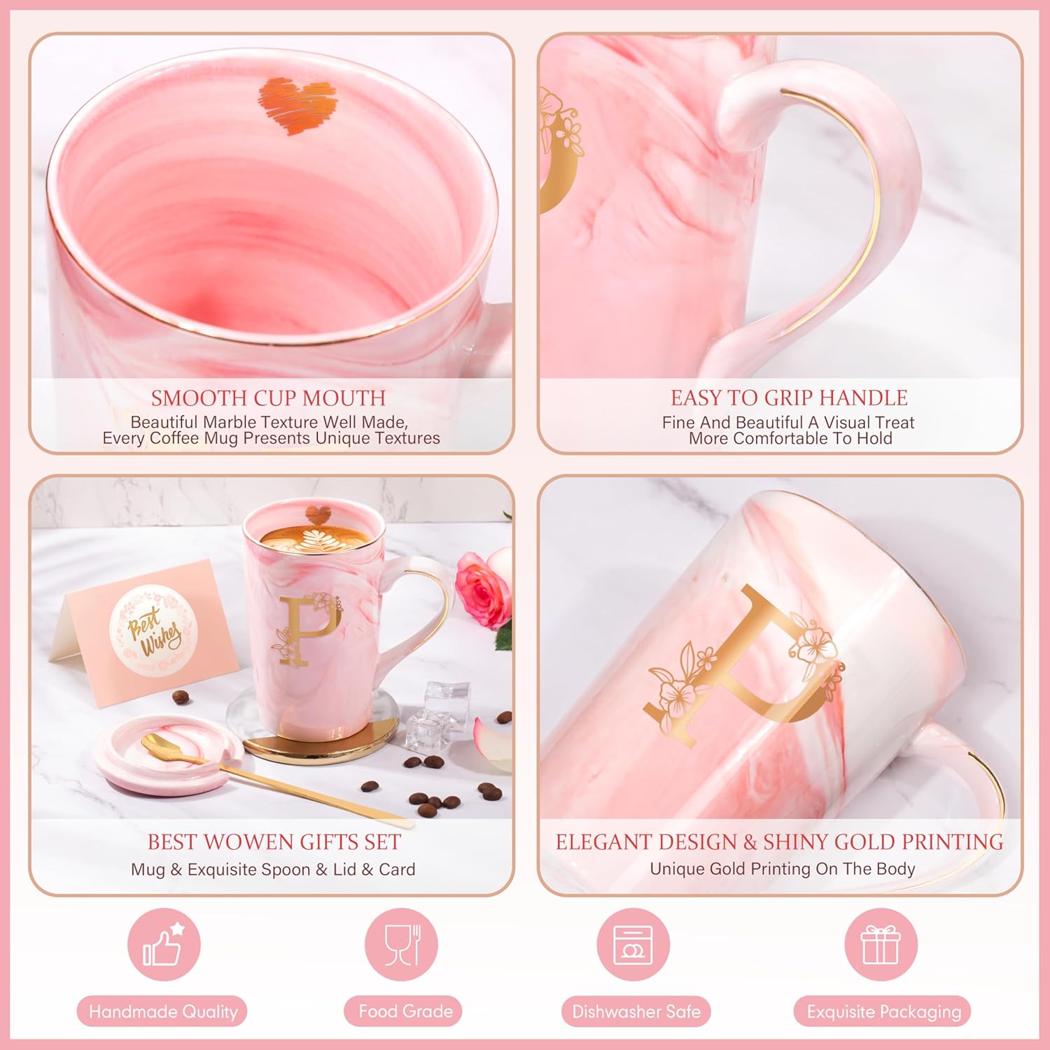 Coffee Mugs - Birthday Gifts for Women, Personalized Initial Customized Mug Tea Cup with Lid 14 Oz Pink, Spoon Greeting Card, Luxury Gift-Boxed Christmas Gift for Her Wife Mom Grandma Friend Unique,P - Image 4