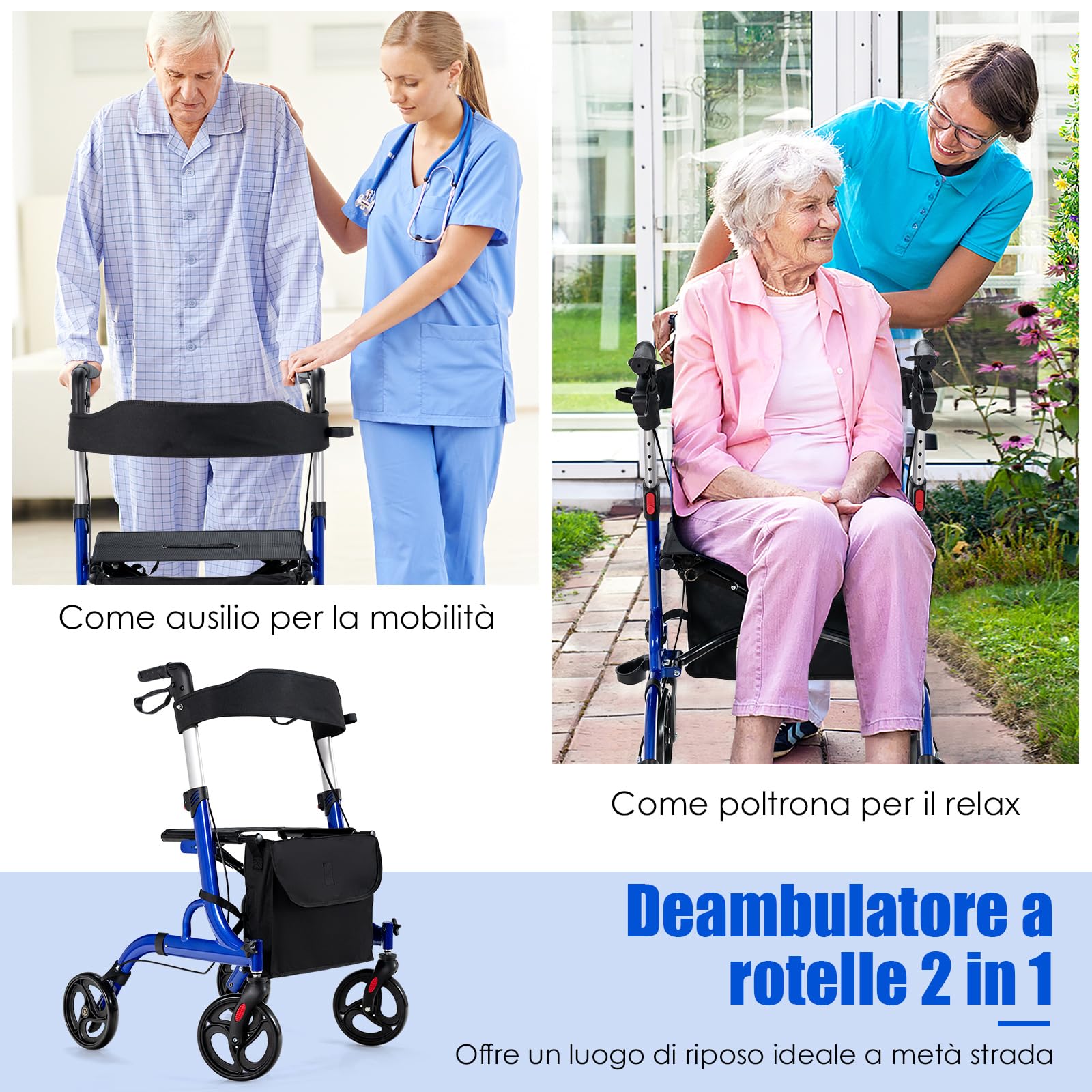 RELAX4LIFE Deambulatore per Anziani con 4 Ruote e Seduta, Portata Max 150KG, Deambulatore Pieghevole in Alluminio Ultraleggero con Dispositivo Frenante e Borsa alla Spesa (Blu, L)