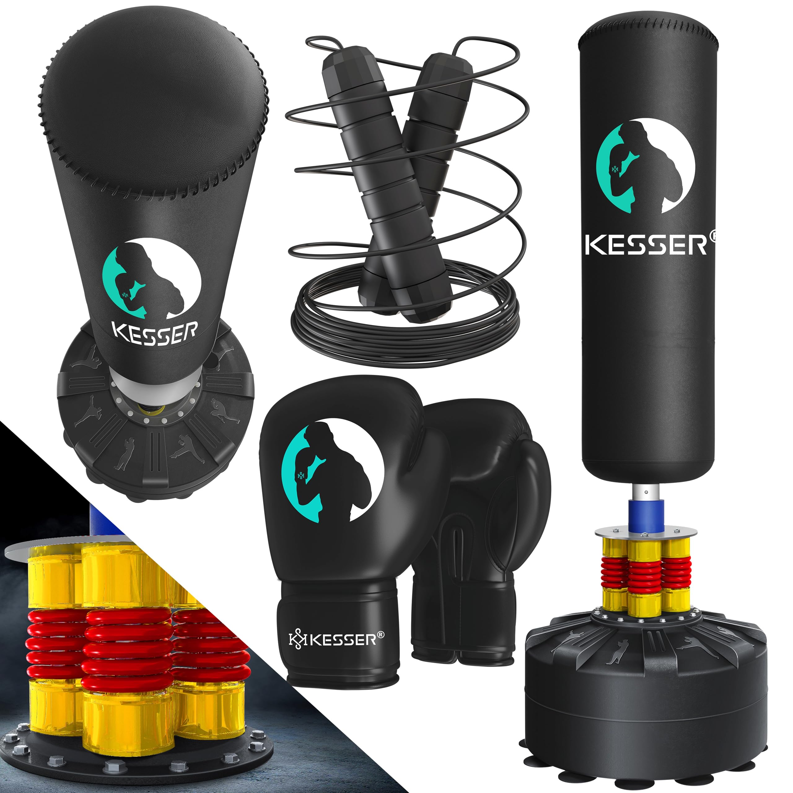 KESSER® Boxsack Set stehend Erwachsene mit Boxhandschuhe + Springseil, Kickboxsack, Freistehender Standboxsack MMA Boxpartner Boxing Trainer Fitness Boxsack mit Saugfuß