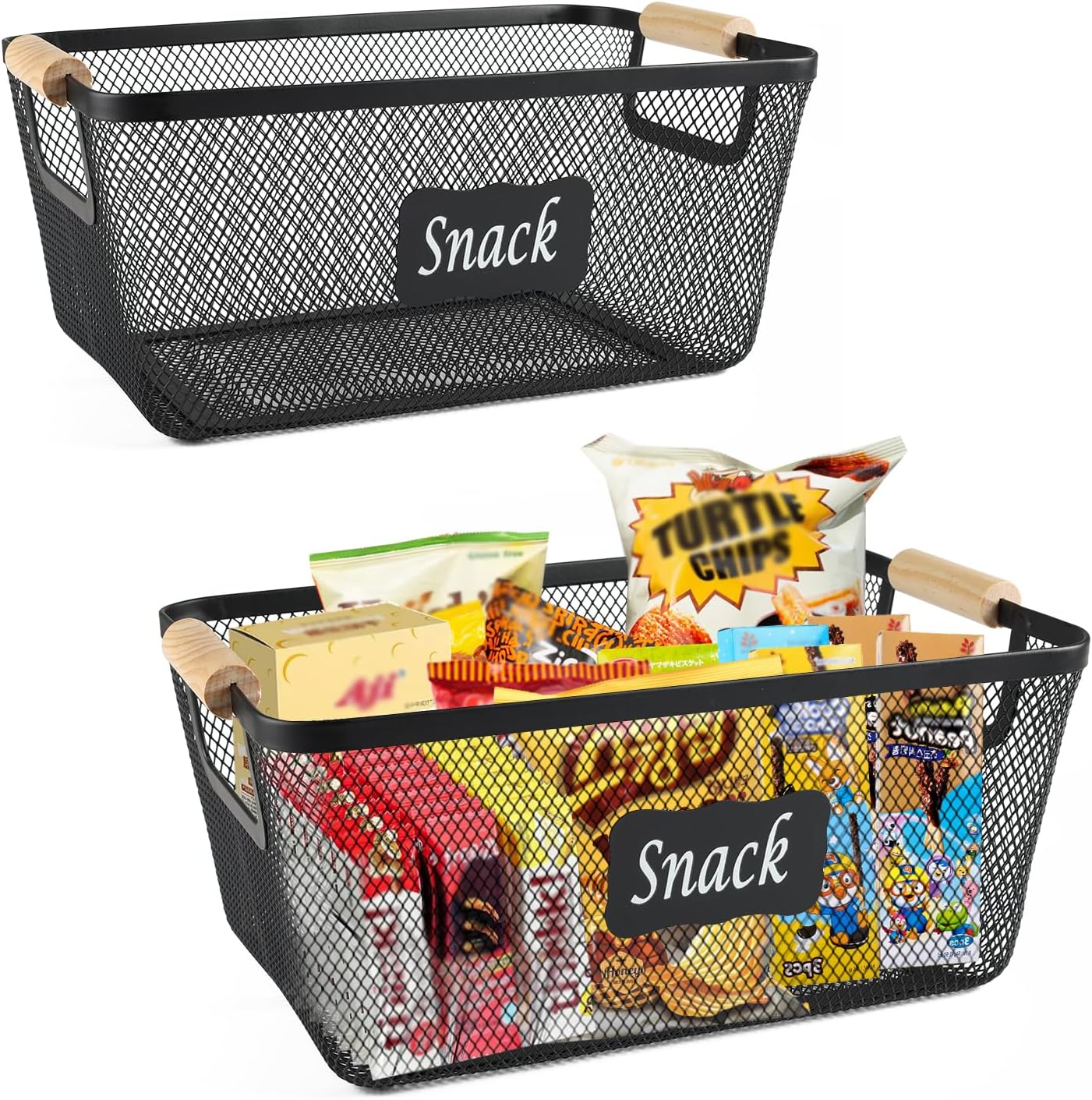 Snack Organizer for Pantry Shelf, 2 Pack Metal Mesh Snack Basket Storage with Wooden Handles, Snack Bin for Snack Bar Station, Kitchen Cabinet Pantry Organizers and Storage
