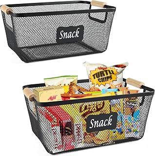 Snack Organizer for Pantry Shelf, 2 Pack Metal Mesh Snack Basket Storage with Wooden Handles, Snack Bin for Snack Bar Station, Kitchen Cabinet Pantry Organizers and Storage