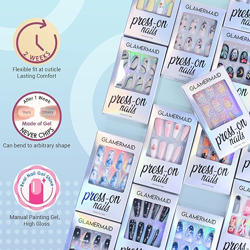 Miniatura 6 de GLAMERMAID Uñas postizas a presión de color almendra medianas, color negro gótico, degradado con punta francesa, uñas postizas acrílicas con punta