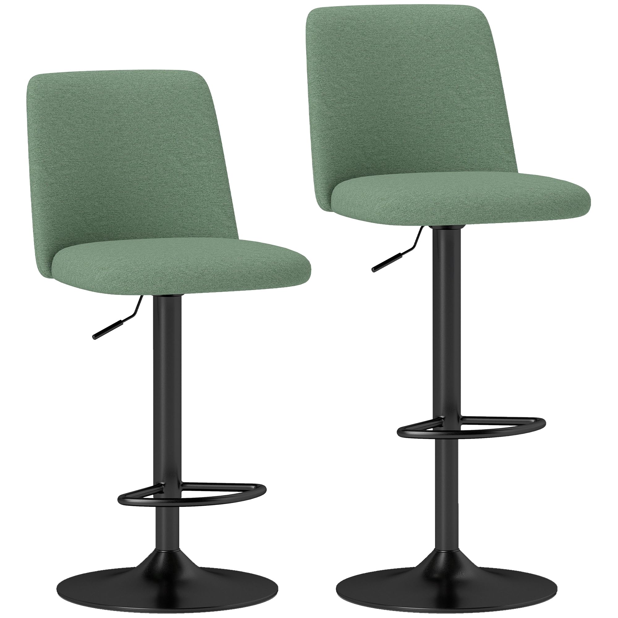 HOMCOM Juego de 2 taburetes de Bar, sillas de Bar giratorias tapizadas de Altura Regulable, Silla Alta de Cocina con Respaldo y reposapiés, Estructura de Acero, Verde