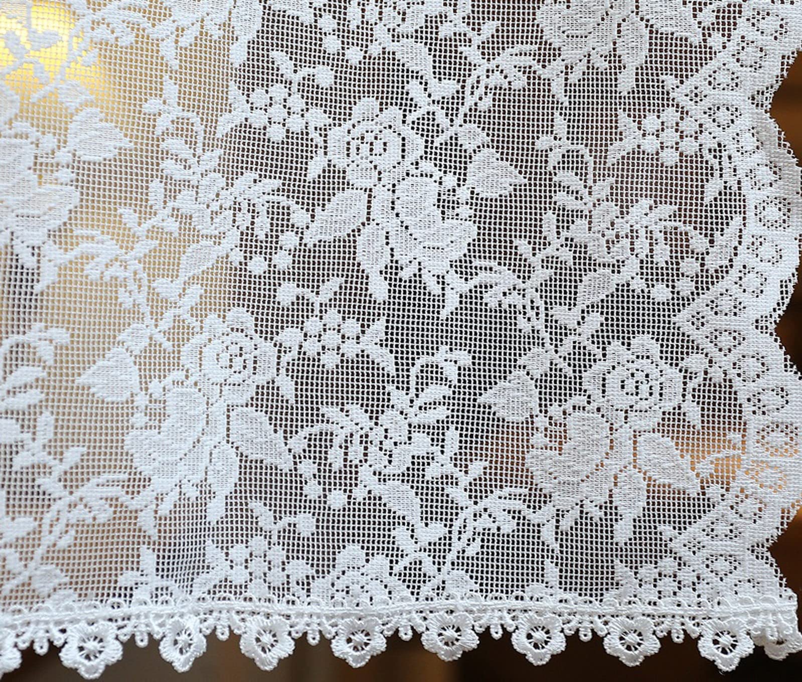 A.Monamour Rideau de Cuisine Court pour Petit Fenêtre 2 Panneaux Voile Blanc Transparent Voilage Rose Fleurs Broderie Dentelle Rideau Brise-bise Rideaux à Disques Cantonnières Demi Bistro Café
