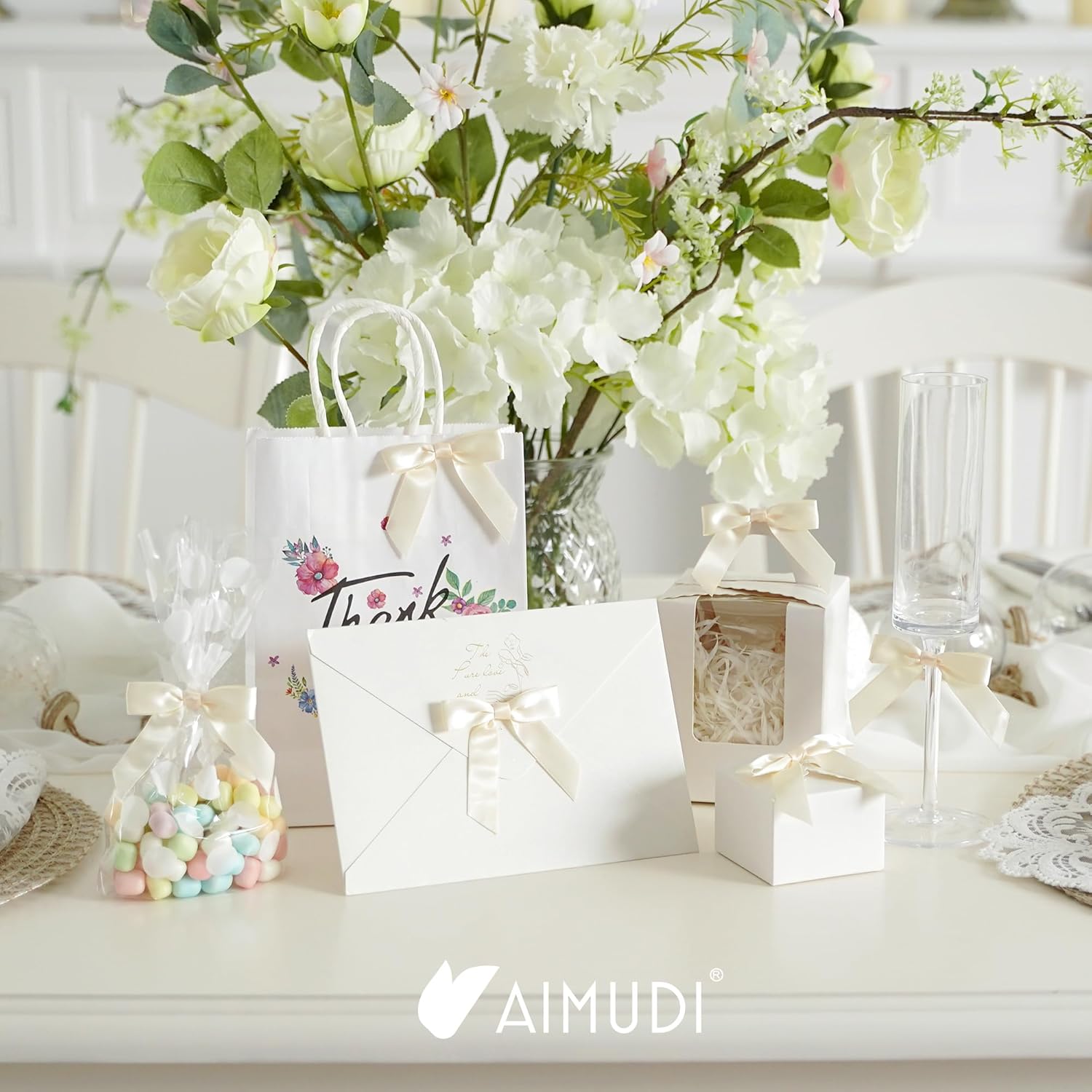 AIMUDI Ivory Bows 2.5" Pretied Satin Ribbon Bows Premade Twist Tie Bow for Treat Bags Cake Pop Bow for Wedding Favors Mini Bows for Gift Wrapping Baby Shower Decorations - 50 Counts - Image 3