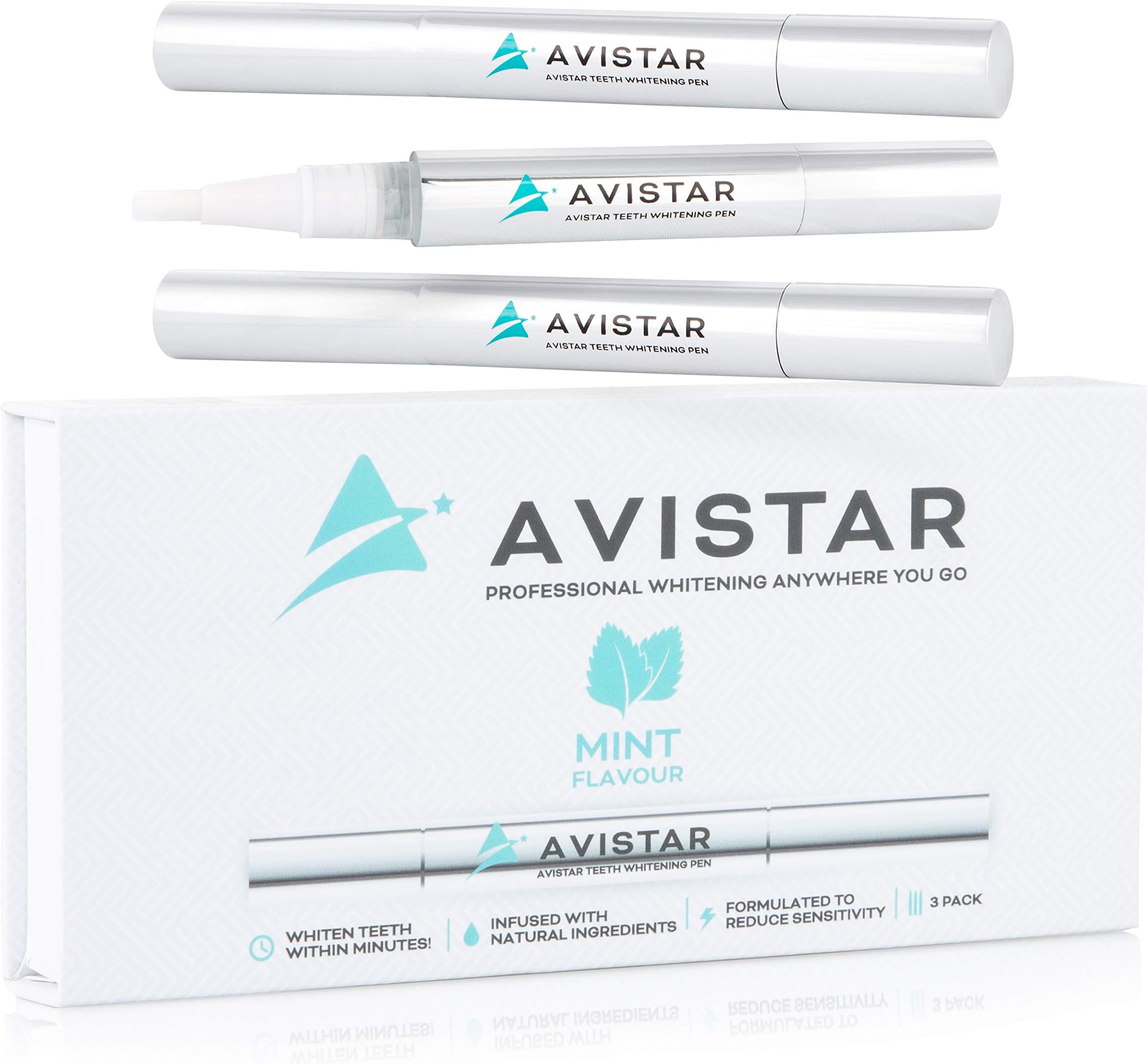 Avistar Professional Teeth Whitening Pens: Instant Teeth Whitener Gel Pen Kit - Chamomile Infused Tooth Whitening Pens to Reduce Sensitivity and Brighten Smile - Mint Flavored Teeth Whiteners, 3 Pack