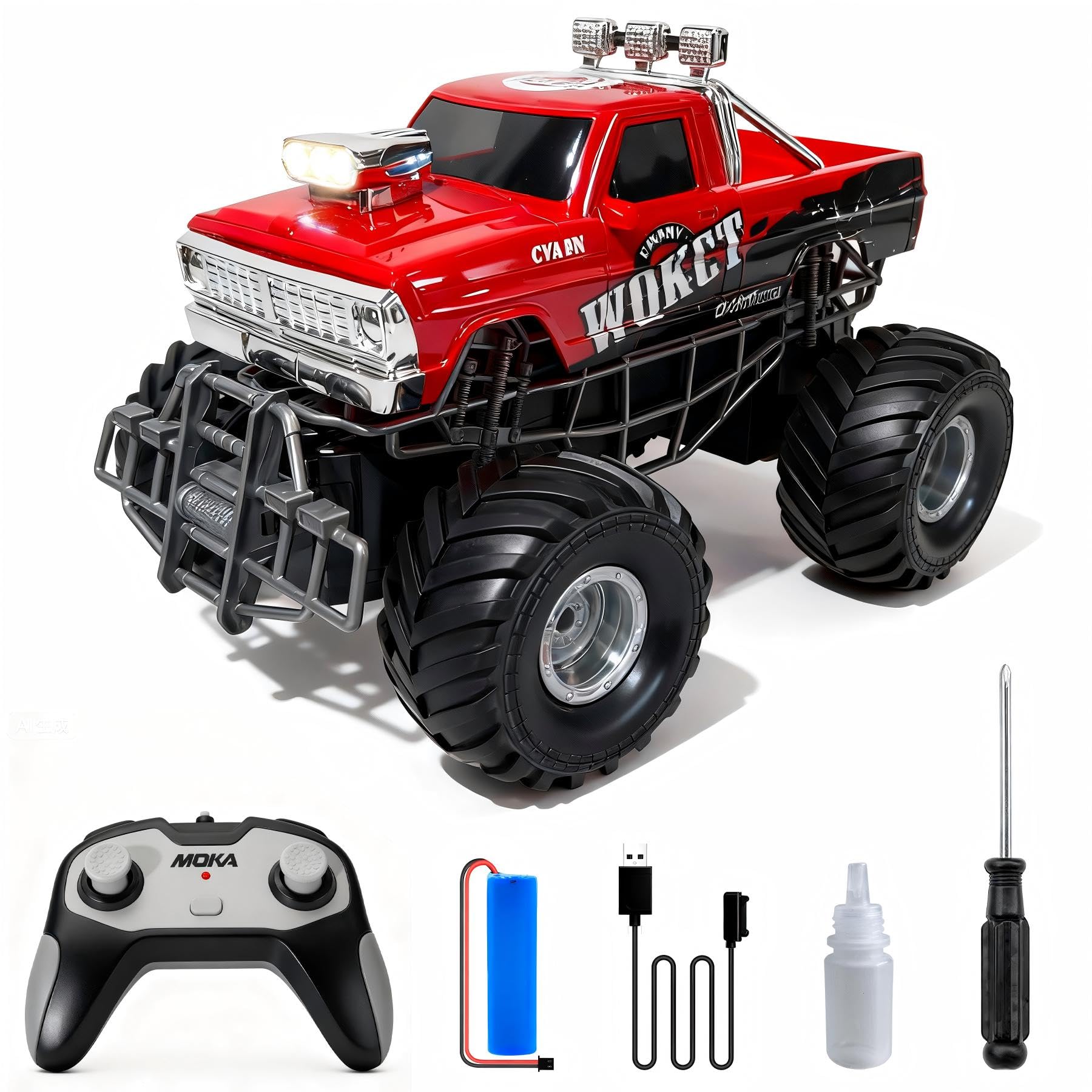 Hegior Highspeed Entry Level red rc Monster Truck with Light Spray 2.4GHz Upright 360 Rotate 4WD Monster Trucks rc Cars, 20+ KM/H Monster Trucks 70min (Max) Runtime,back to school Birthday Toy 8-12