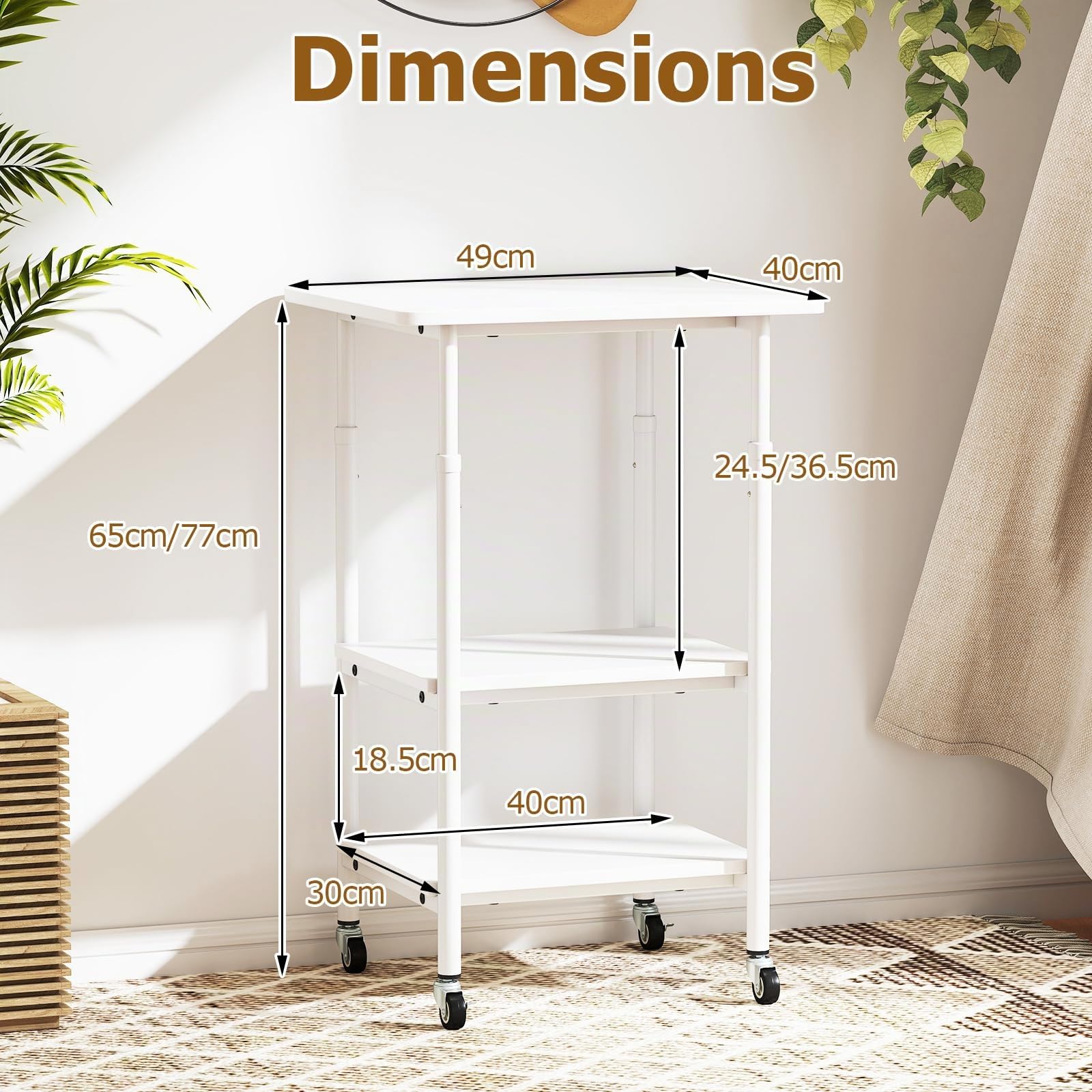 HOMASIS Meuble Imprimante à 3 Niveaux, Hauteur Réglable, Support Imprimante avec Rangement, Table Mobile Industrielle avec Étagère, Roues Verrouillables pour Télécopieur, Machine et Scanner (Blanc)