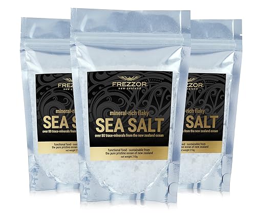 FREZZOR Sal marina escamosa, 7.4 onzas de copos de sal marina gourmet prémium de Nueva Zelanda, 84 minerales y oligoelementos, 100% natural, sal