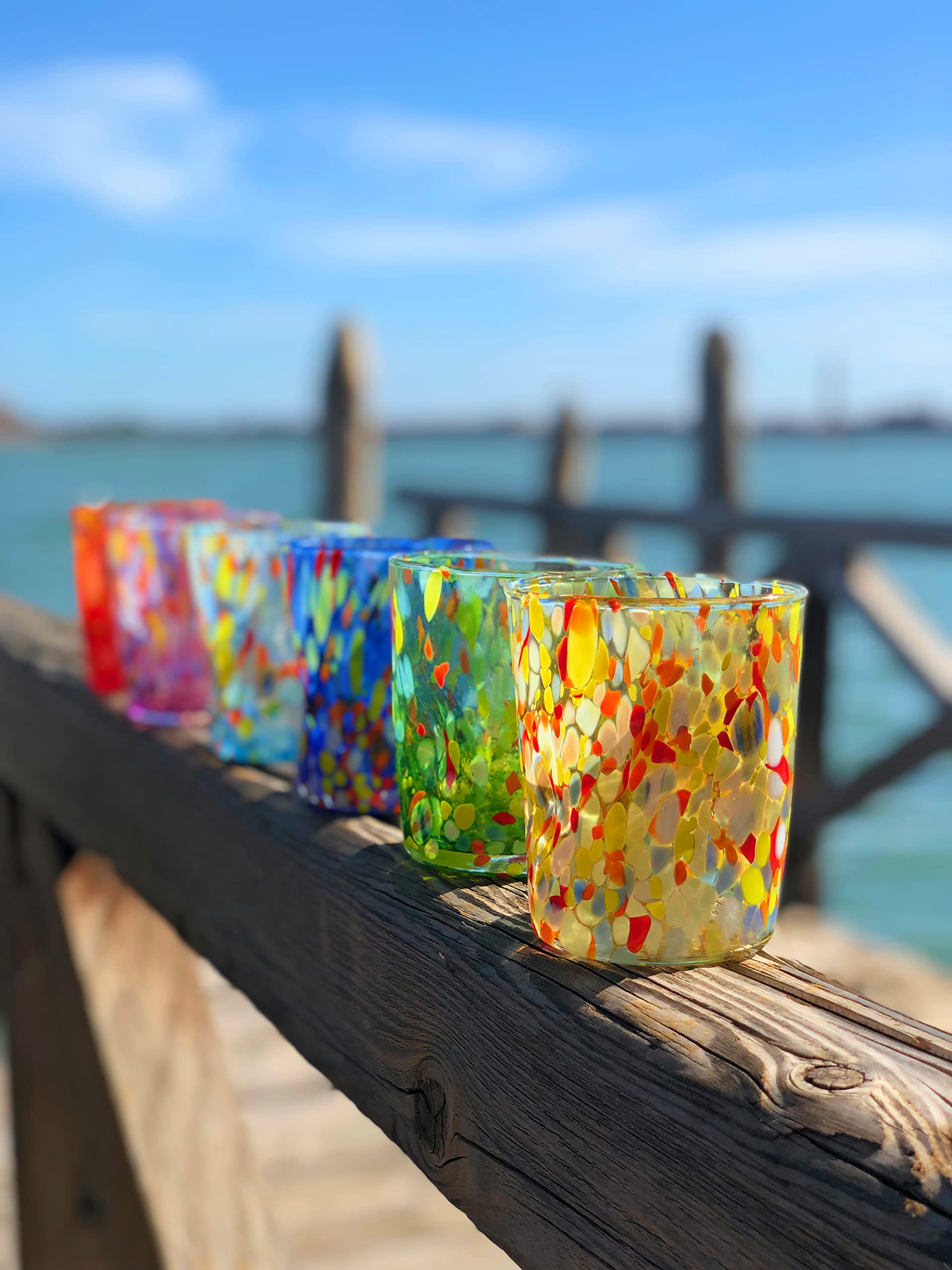 MAZZEGA ART & DESIGN - 6 Bicchieri Tumbler Classic in Vetro Soffiati e Lavorati a Mano con Murrine di Murano, linea “I Colori di Murano” 350 ml. Made in Italy (MIX, 6)