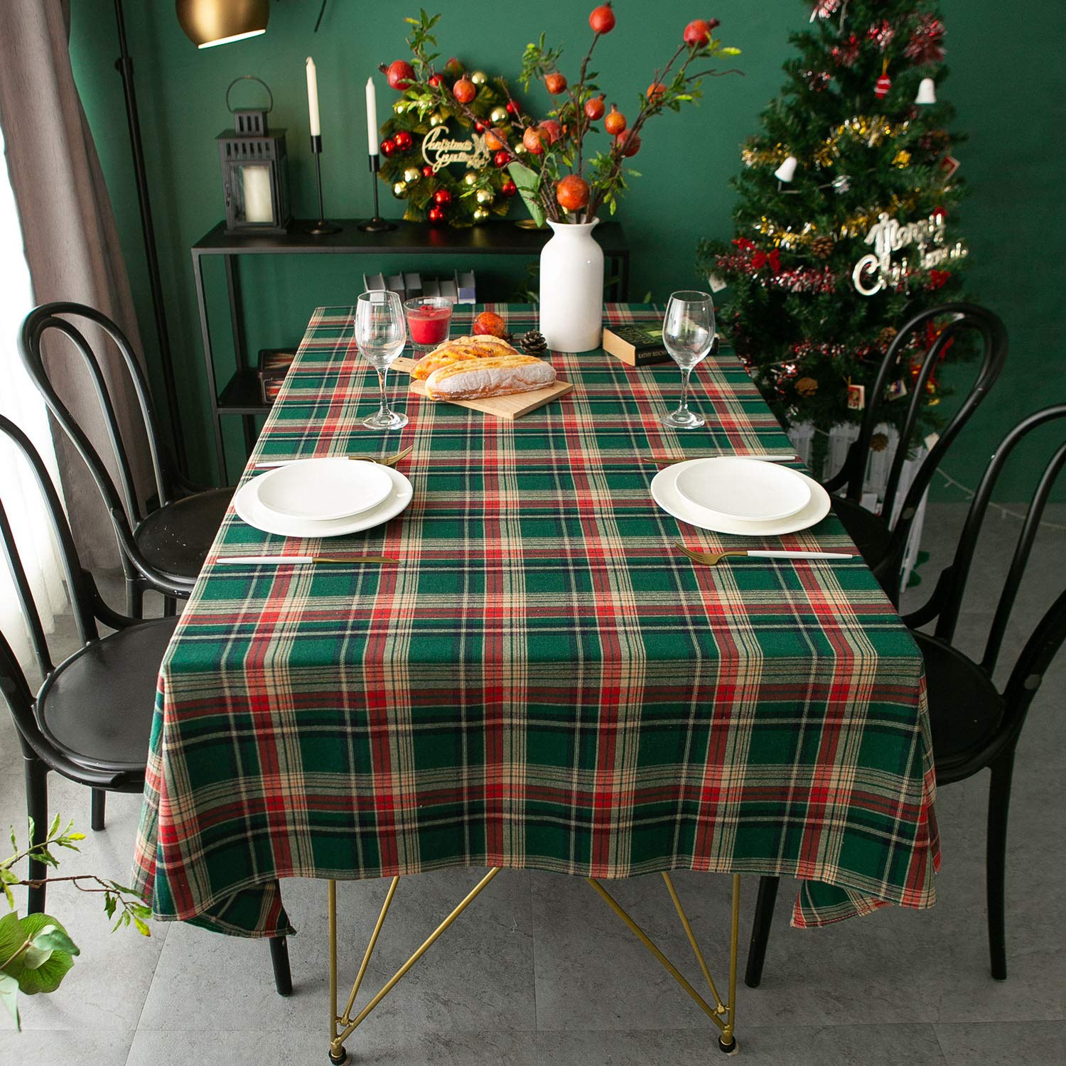 Weihnachten Tischdecke 80x90cm,Grün Plaid Weihnachten Rechteckige Tischdecken Waschbar Xmas Party Tischdecke, Tischwäsche Eckig Rechteckig Größe Wählbar, für Home Küche Esszimmer Dekoration