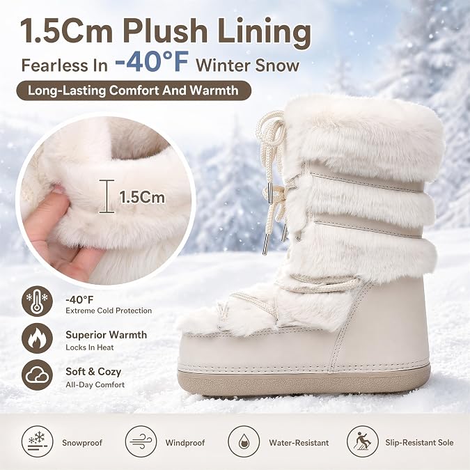 Snow Boots for Women,Winter Furry Faux Fur Boots Winter Black White Pink Fur Lined Lace-up Mid-Calf Non-Slip Fuzzy Boots