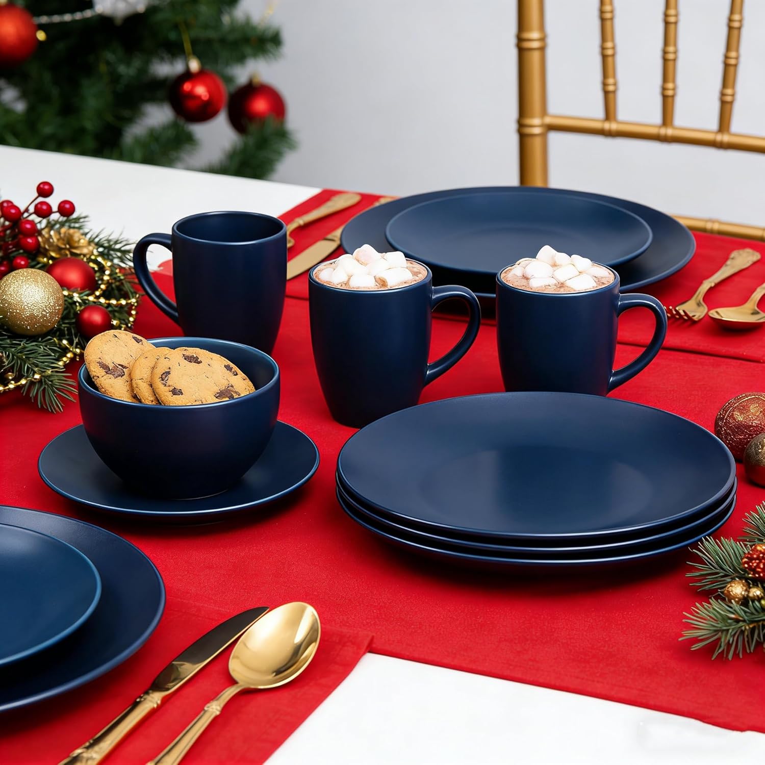 wocaxc16-Pieces Stoneware Dinnerware Set, Kitchen Dinnerware Ceramic Crockery Set, Dinner Service Set for 4, Include Dinner Plate, Dessert Plate, Cereal Bowl and Mug. (navy blue)