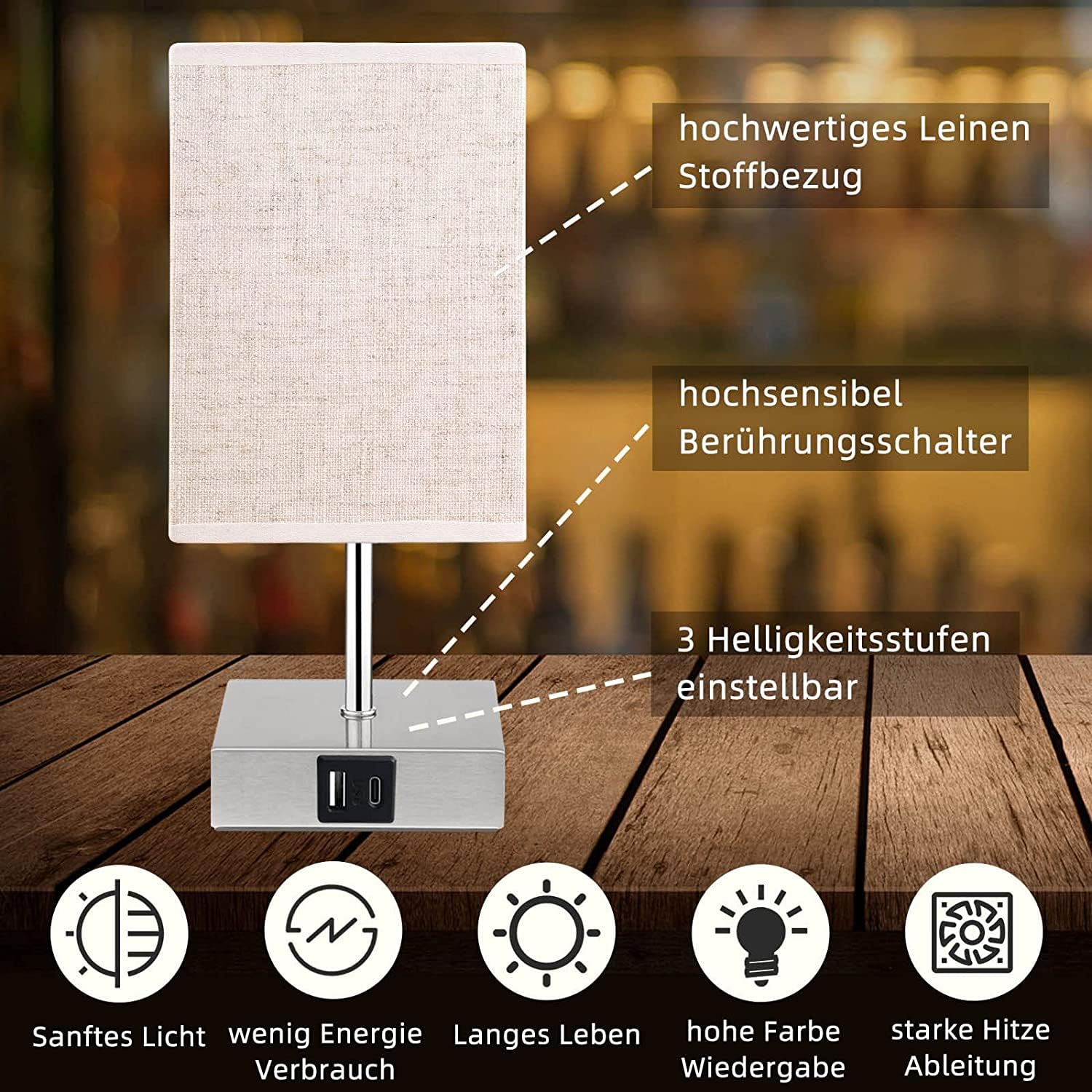 ShuBel Set Di 2 Lampade Da Comodino Touch Con Dimmer E Porte USB – Stile Vintage, 3 Luminosità, Incluse Lampadine LED E14