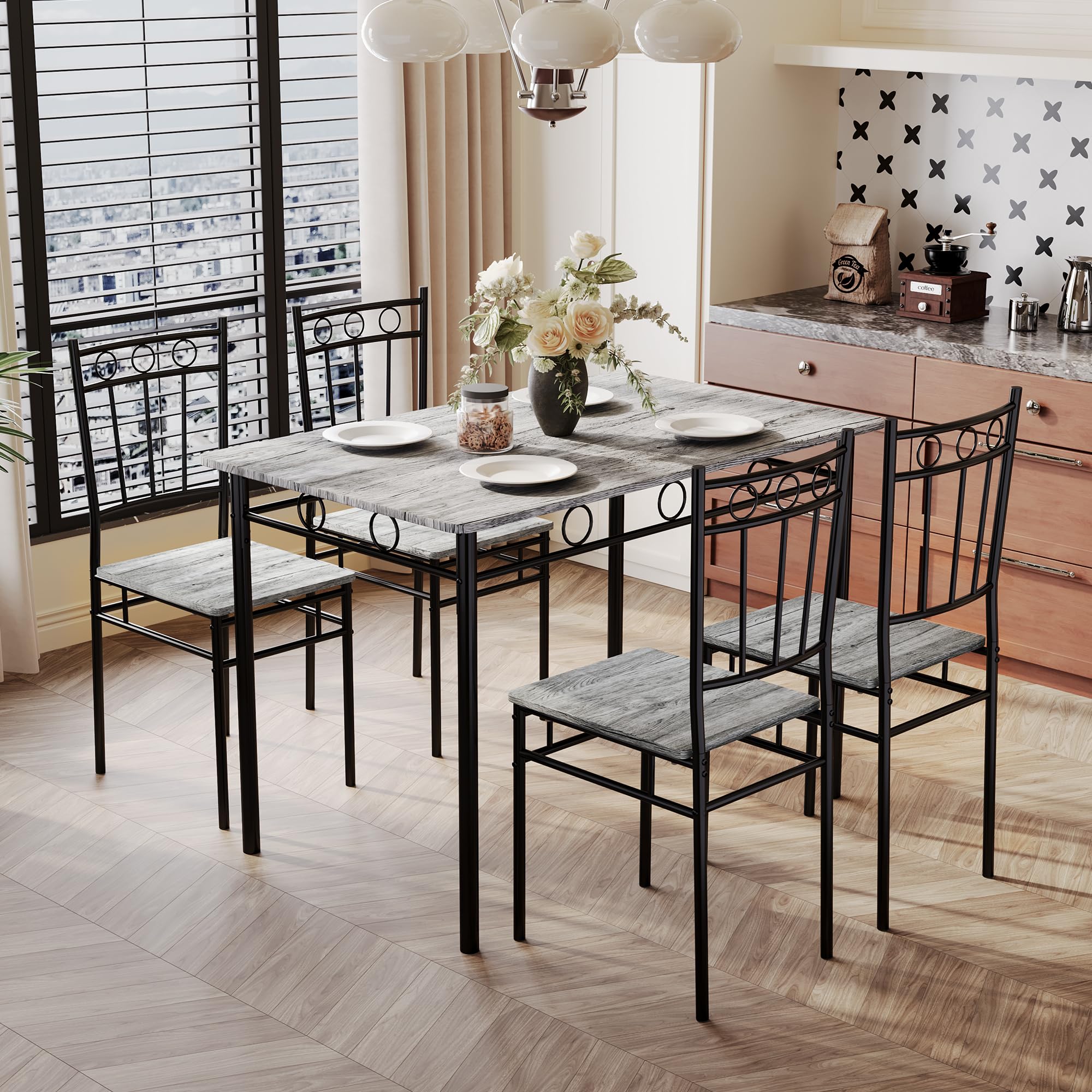 Erdoru 5 Piece Dining Table Set, Modern Metal&Wood Kitchen Dinner Table with 4 Chairs, Dining Room Table Sets for Small Spaces, Gray