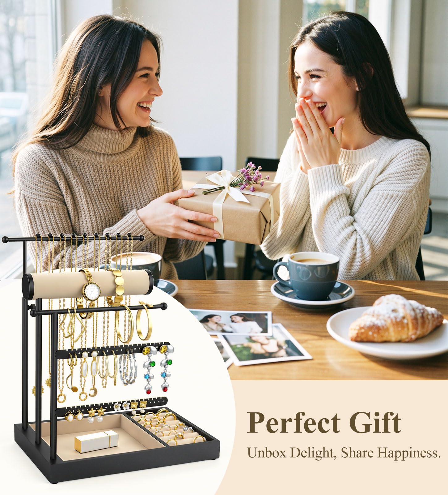 Emibele Necklace Holder, Jewelry Organizer Stand with Velvet Tray, Jewelry Organizer Tower for Earrings, Bracelets and Necklaces, Elegant Necklace Tower Accessory Storage Gifts for Women, Black