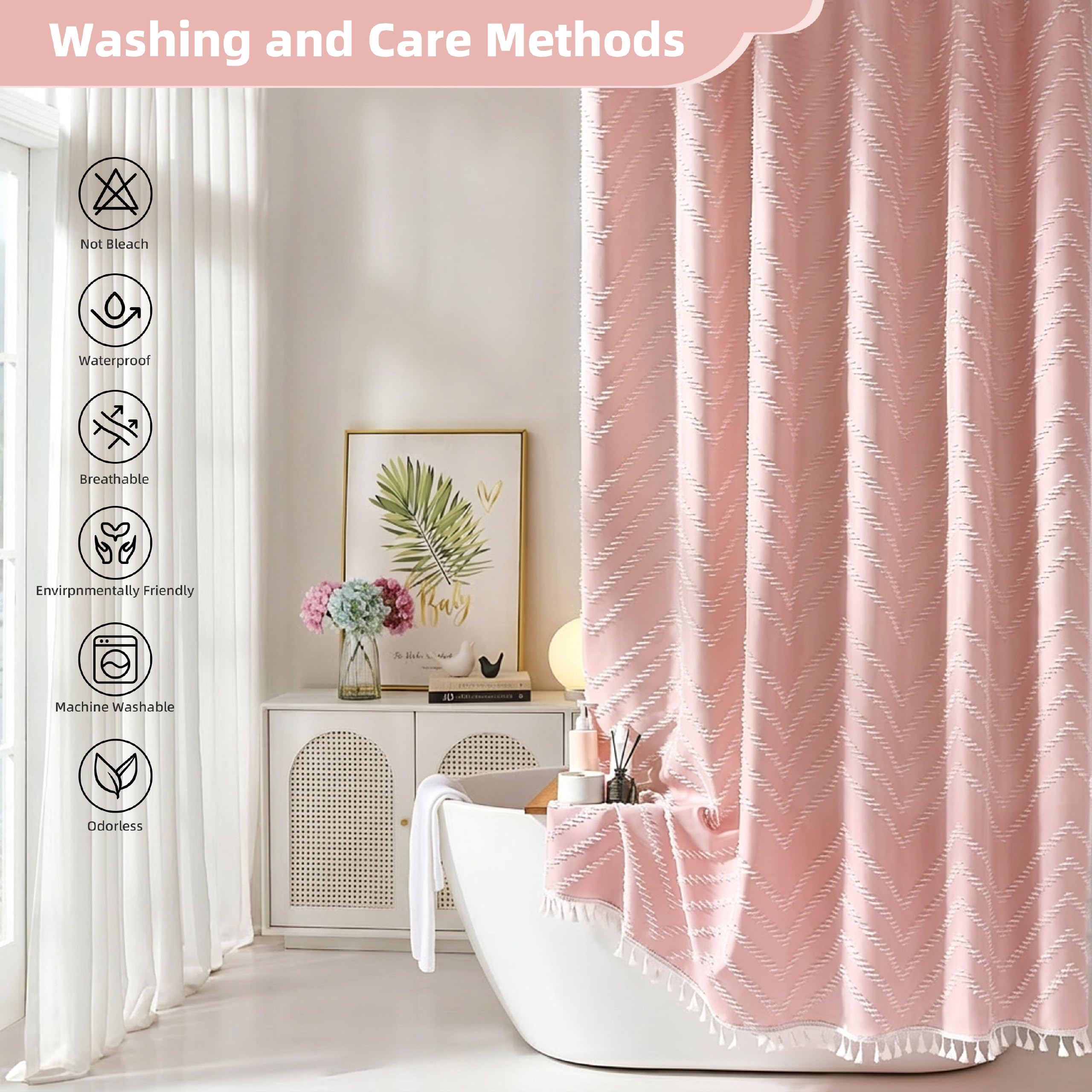 Siiluminisoy Rideau de Douche en Tissu tissé à Pampilles de Style bohème Moderne texturé touffeté à Rayures pour Salle de Bain, 183 x 183 cm, Rose