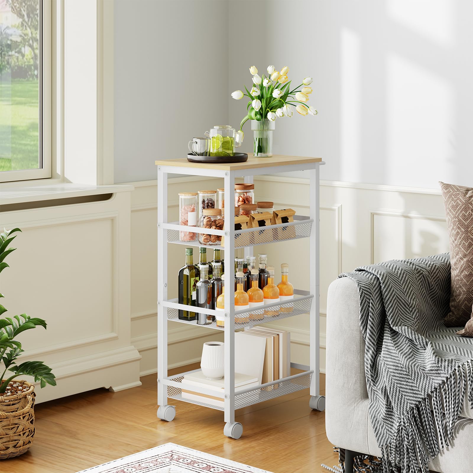 HOOBRO Chariot de Service à 4 Niveaux avec roulettes et Pieds Réglables, Chariot Mobile avec Barrières, Chariot de Cuisine, Chariot de Bar, pour Cuisine, Salon, Blanc et Couleur Bois EWN72TC01