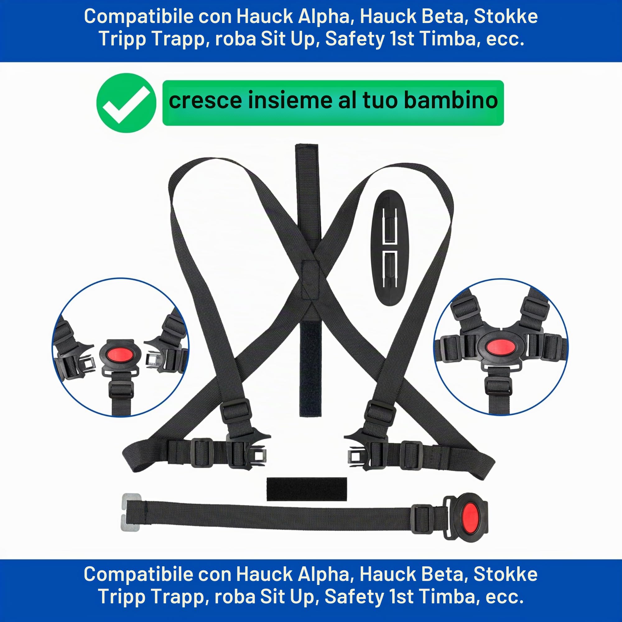 Sistema di imbracatura a 5 punti per seggiolone, 1 Set, compatibile con Hauck, Stokke Tripp Trapp, Roba, ecc., in Nero, imbracatura con clip sul petto