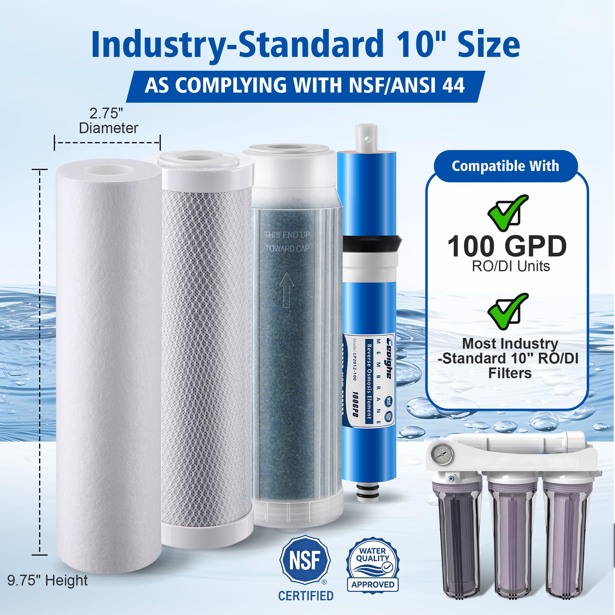 RODI - Kit de repuesto de filtro de ósmosis inversa, sedimentos de 10 pulgadas, bloque de carbono, membrana TFC RO y cartuchos de resina DI de lecho mixto que cambian de color, compatible con