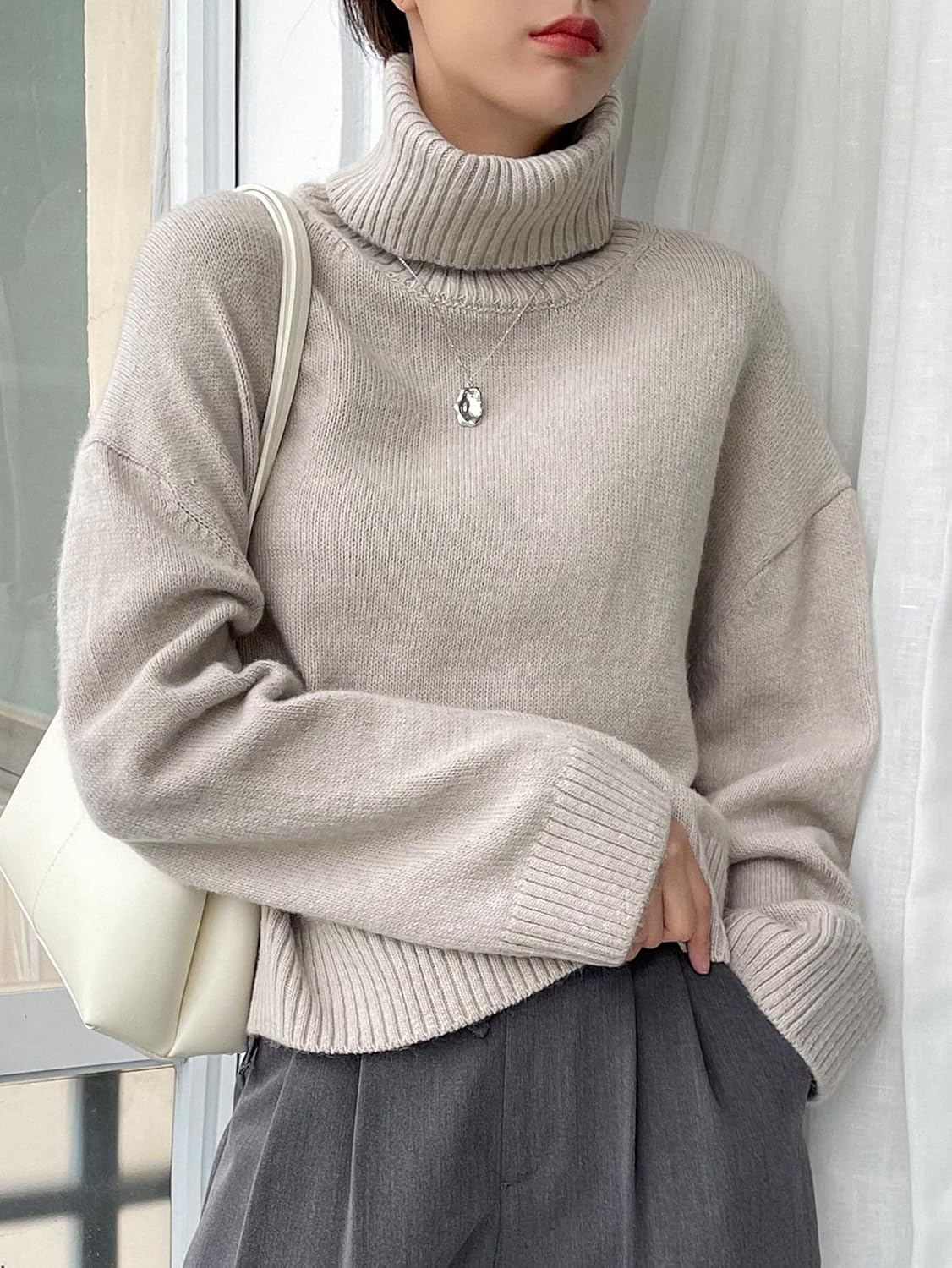 Women's Sweater Drop Shoulder Turtle Neck Sweater Sweater for Women (Color : Light Grey, Size : Medium)