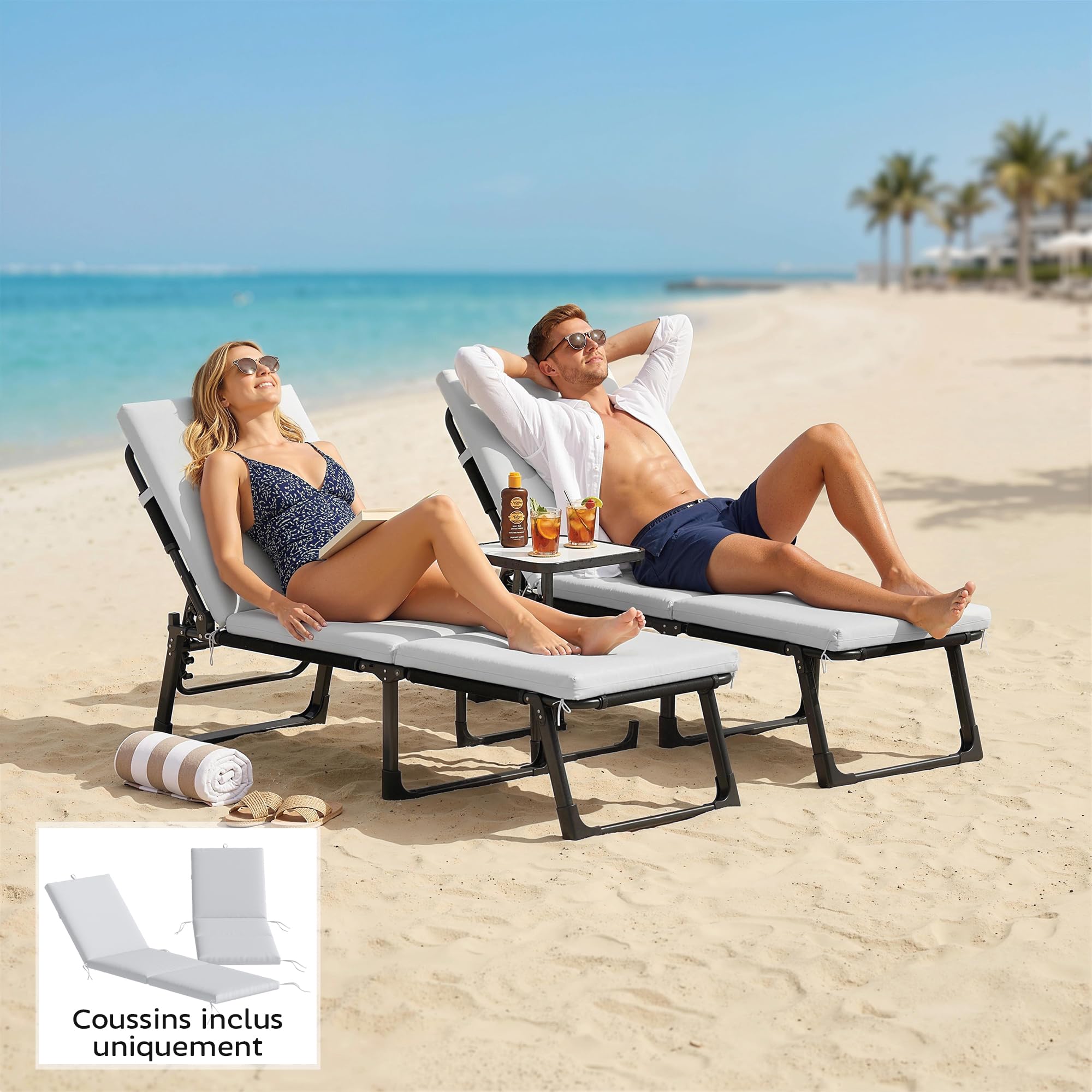 Outsunny Lot de 2 Coussins de Chaise Longue avec 5 Sangles et Poignée Intégrée, Coussin Bain de Soleil Déperlant Extérieur pour Plage Balcon Jardin, 182x53x6cm, Gris Clair