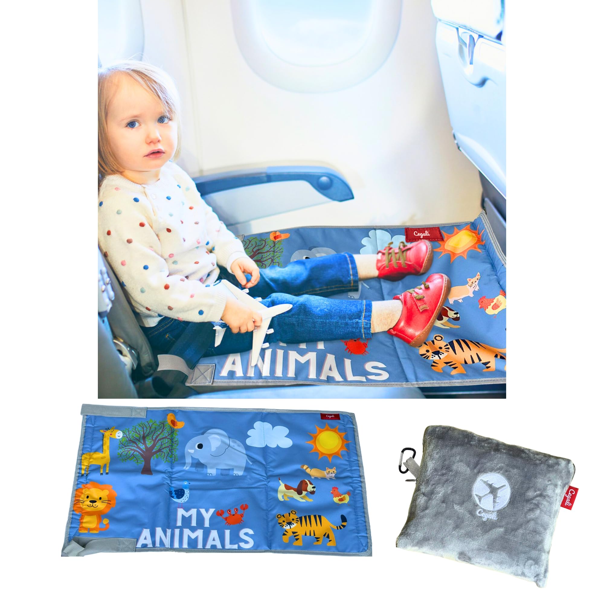 Cegali Airplane Seat Extender for Kids ANM: Enhance Your Child's in-Flight Comfort. Travel Toddler Bed, Airplane Leg Rest, Airplane Foot Hammock and Seat Extender, All in One (My Animals - Cool Grey)
