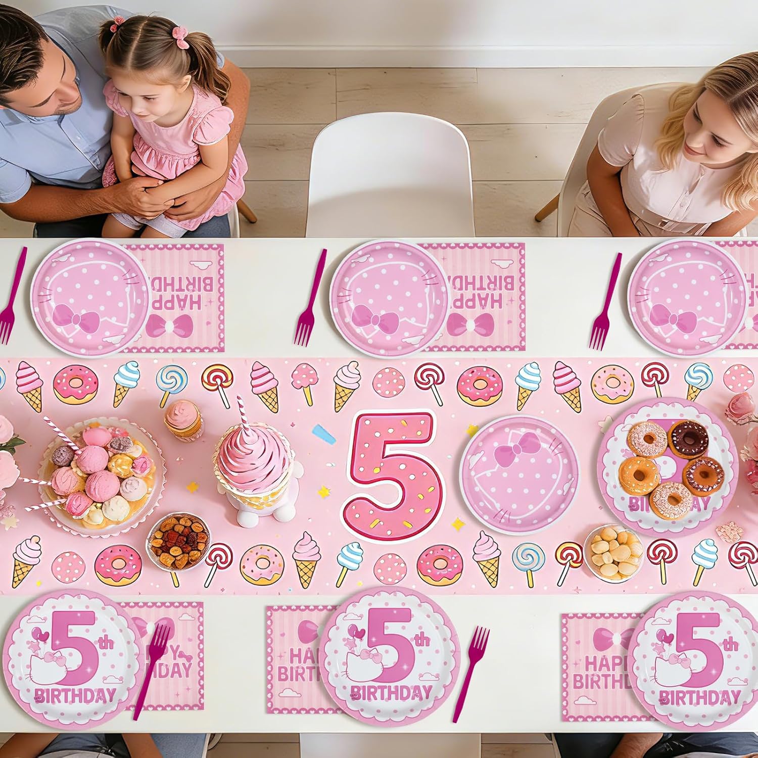 96 Pcs Pink Kitten 5th Birthday Decorations Pink Cat Plates and Napkins Disposable Tableware Set Cute Cartoon 5th Birthday Decoration for 5 Years Old Girls Cat Theme Birthdays Party Supplies Serves 24