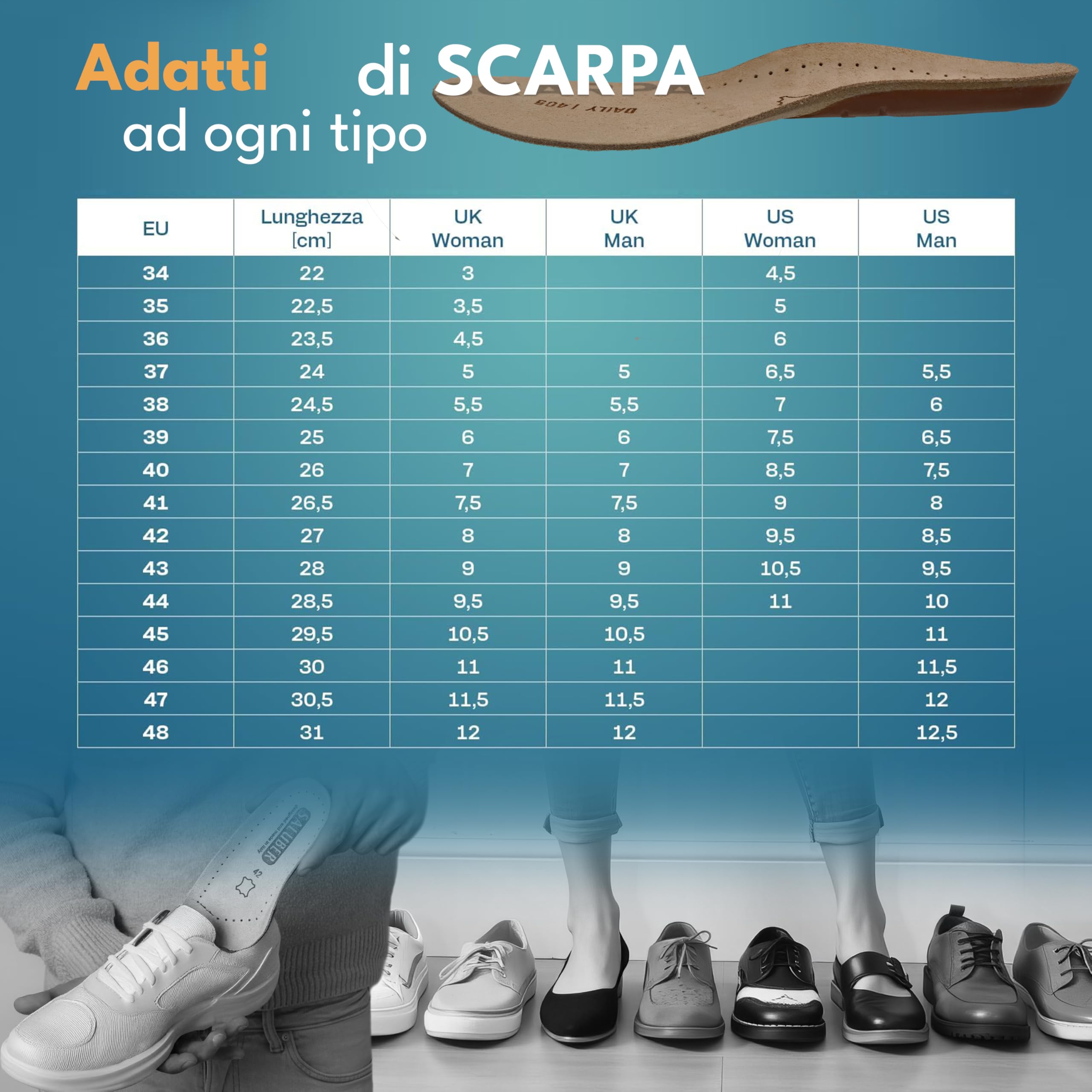 Solette Saluber Style Daily 405, ortopediche, Tecnologia Poron+ Ammortizzante, Solette Scarpe ad Azione Traspirante Antiodore, Uomo e Donna, Assorbono Shock (42)