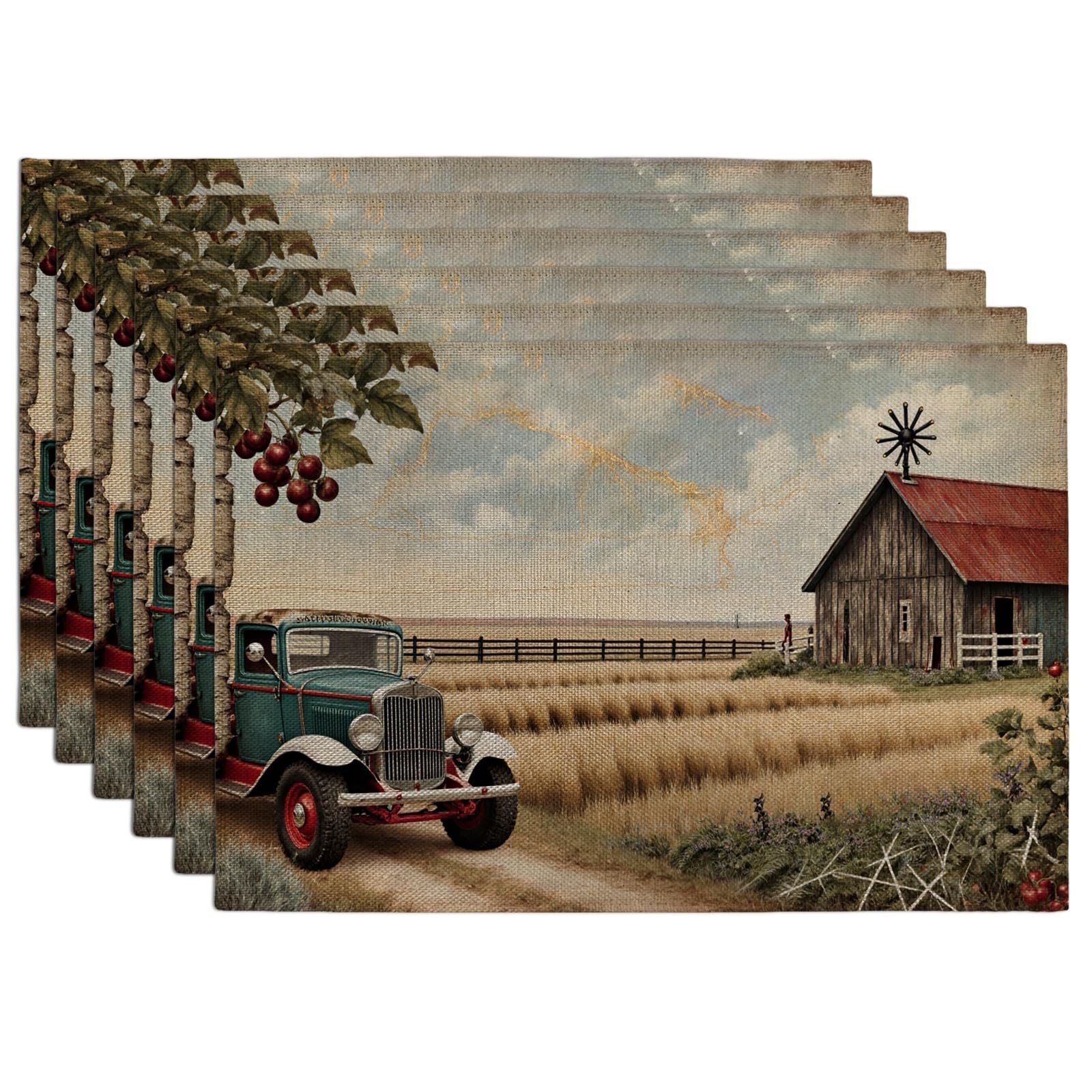 Vintage Truck Placemats, Rustic Farmhouse Table Mats for Dining, Autumn Harvest Non-Slip Washable Indoor Outdoor Kitchen Party Decorative Placemat Set of 6