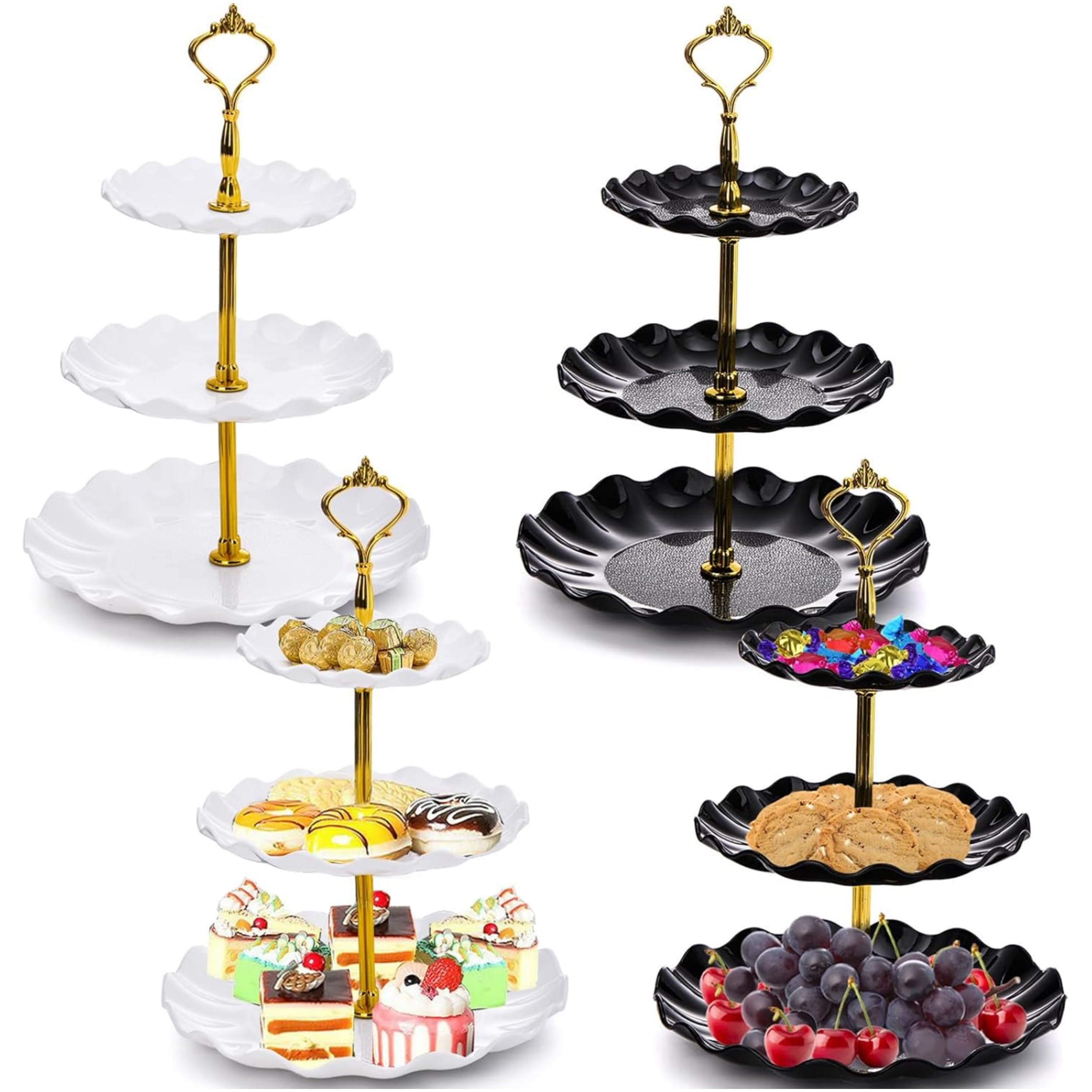 Photo 1 of DEAYOU 4 Pack 3 Tier Cupcake Dessert Stand, Plastic Tiered Cake Stand Display Tower, Pastry Serving Tray Platter Rack Holder for Buffet, Cookie, Party, Wedding, Home Decor, White Gold, Black Gold