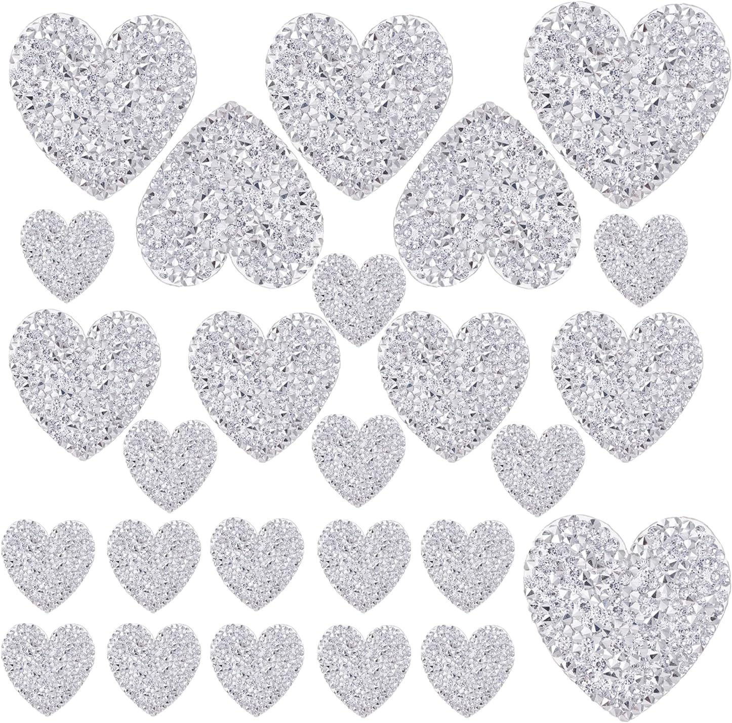 26 PCS Heart Shape Iron on Patches, Silver Rhinestone
