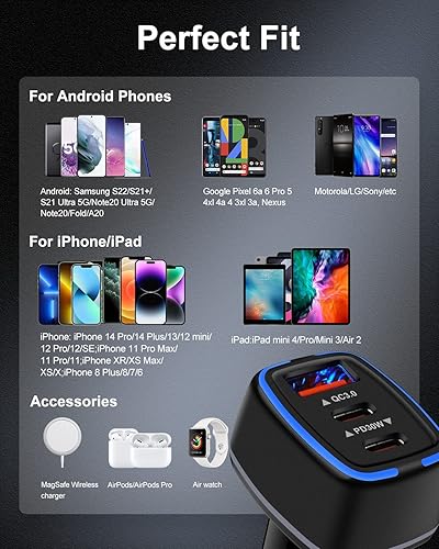 Miniatura 7 de Cargador de coche USB C de 78 W adaptador de encendedor de cigarrillos de carga súper rápida cargador automático de 3 puertos para Samsung Galaxy