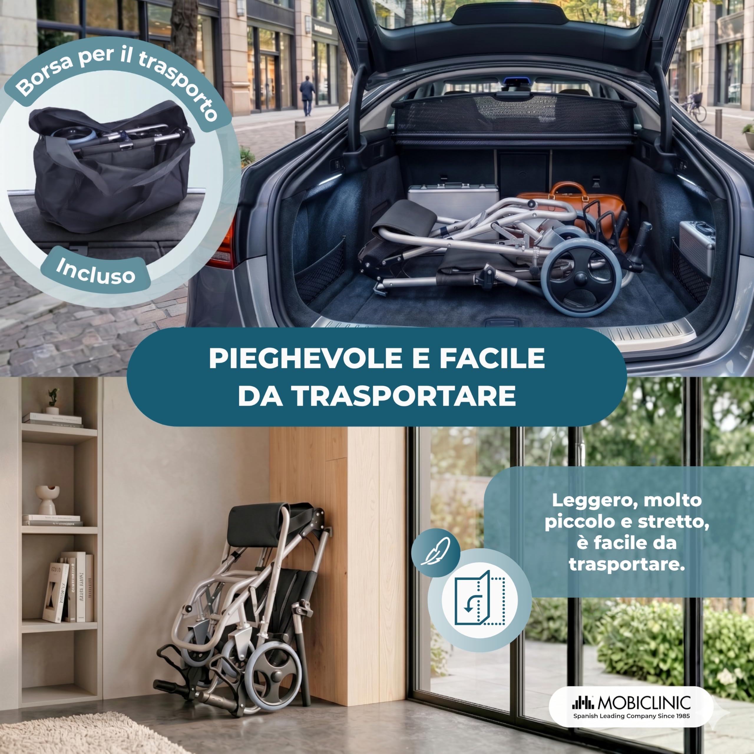 Mobiclinic, Sedia a rotelle da transito, Neptuno, Alluminio, Pieghevole, Freno sulle maniglie, Marchio europeo, Poggiapiedi pieghevoli, Braccioli, Leggero, Cintura di sicurezza, Ergonomia