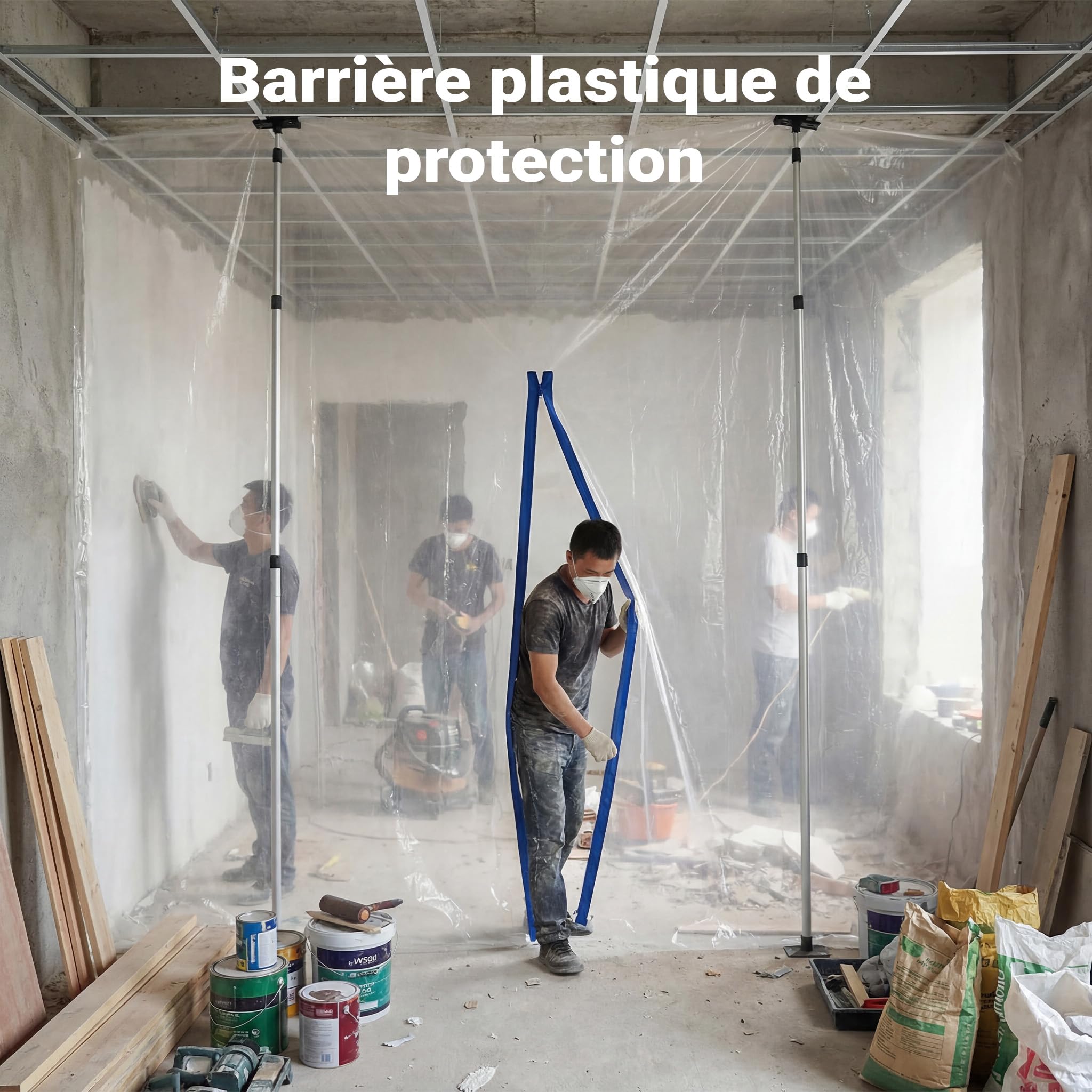 XPOtool Kit Bache de Protection Anti-poussière 4x10m Perche télescopique réglable en Hauteur 1,5-3,9m Chantier Kit Rénovation Fermeture Éclair Paroi de séparation Meubles