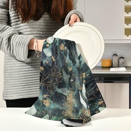 Miniatura 6 de Kigai Toallas de cocina de hojas verdes doradas de 18 x 28 pulgadas, ultra suaves, absorbentes, de secado rápido, paños de limpieza lavables,