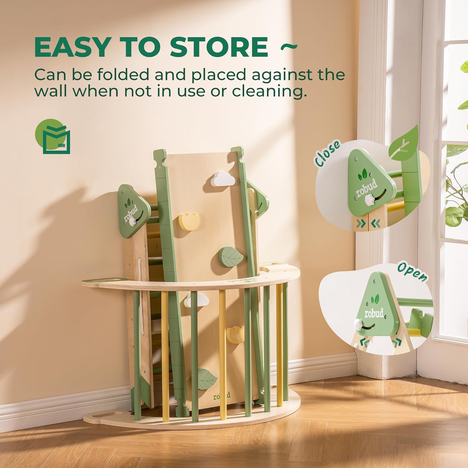 ROBUD Pikler Triangle Set folded and stored against a wall