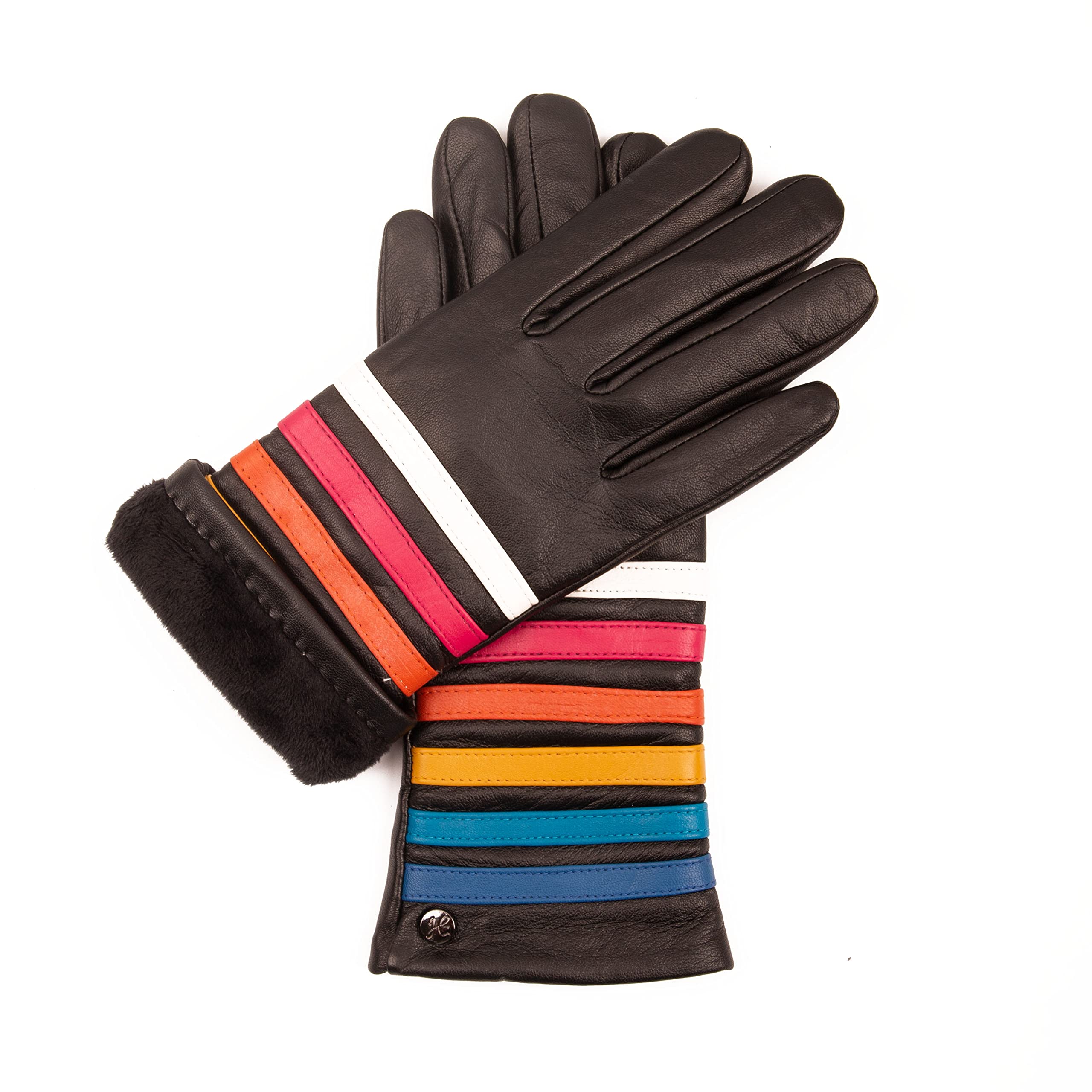 Ms PRIDE - Hochwertige Damen Lederhandschuhe gefüttert, Touchscreen Bedienung, Regenbogen Muster auf Handrücken, Lammnappa, Glattleder